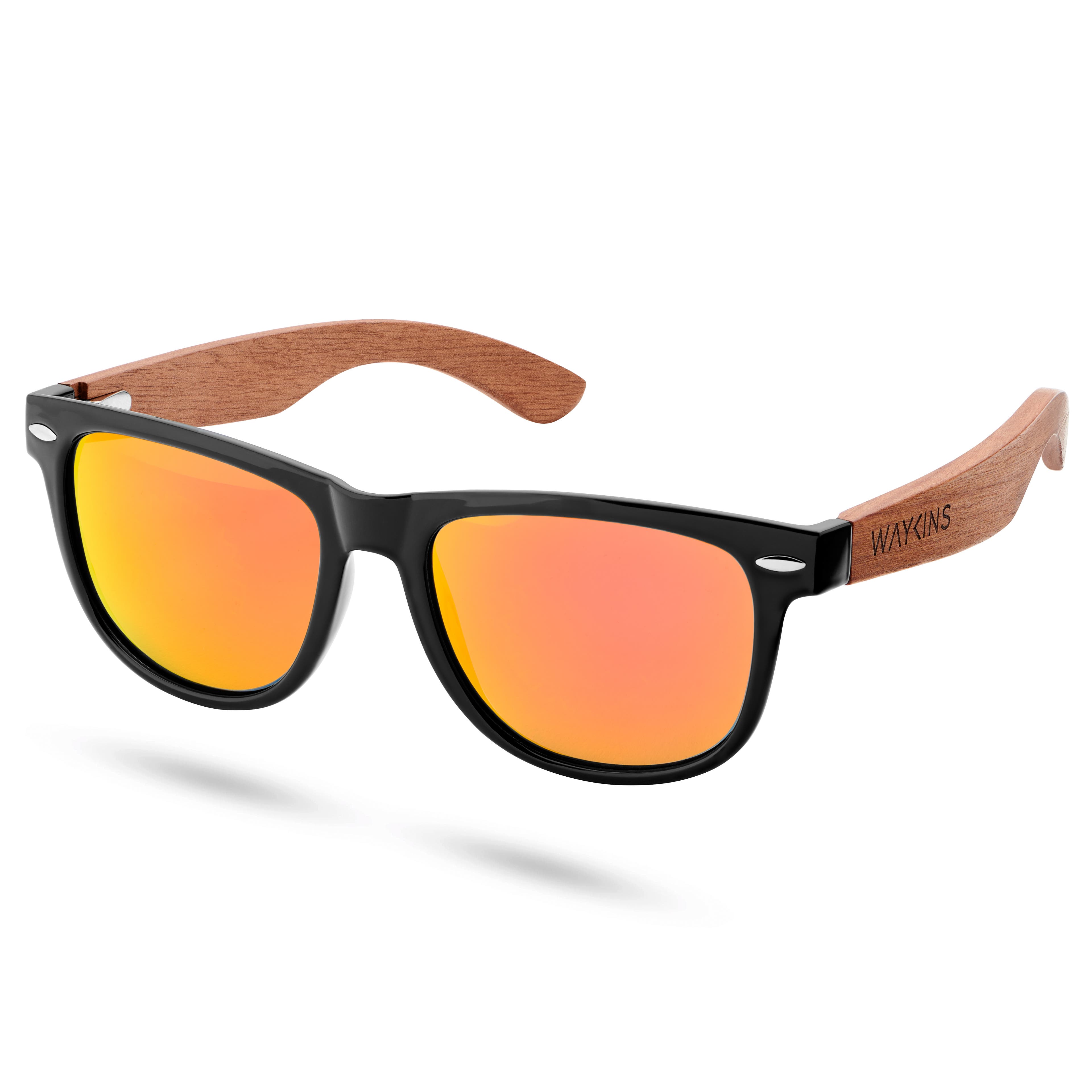 Černé a žluté retro polarizační sluneční brýle s dřevěnými nožičkami