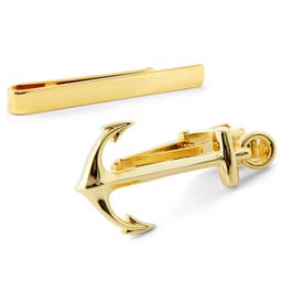 Set de pasador y clip de corbata de ancla dorados