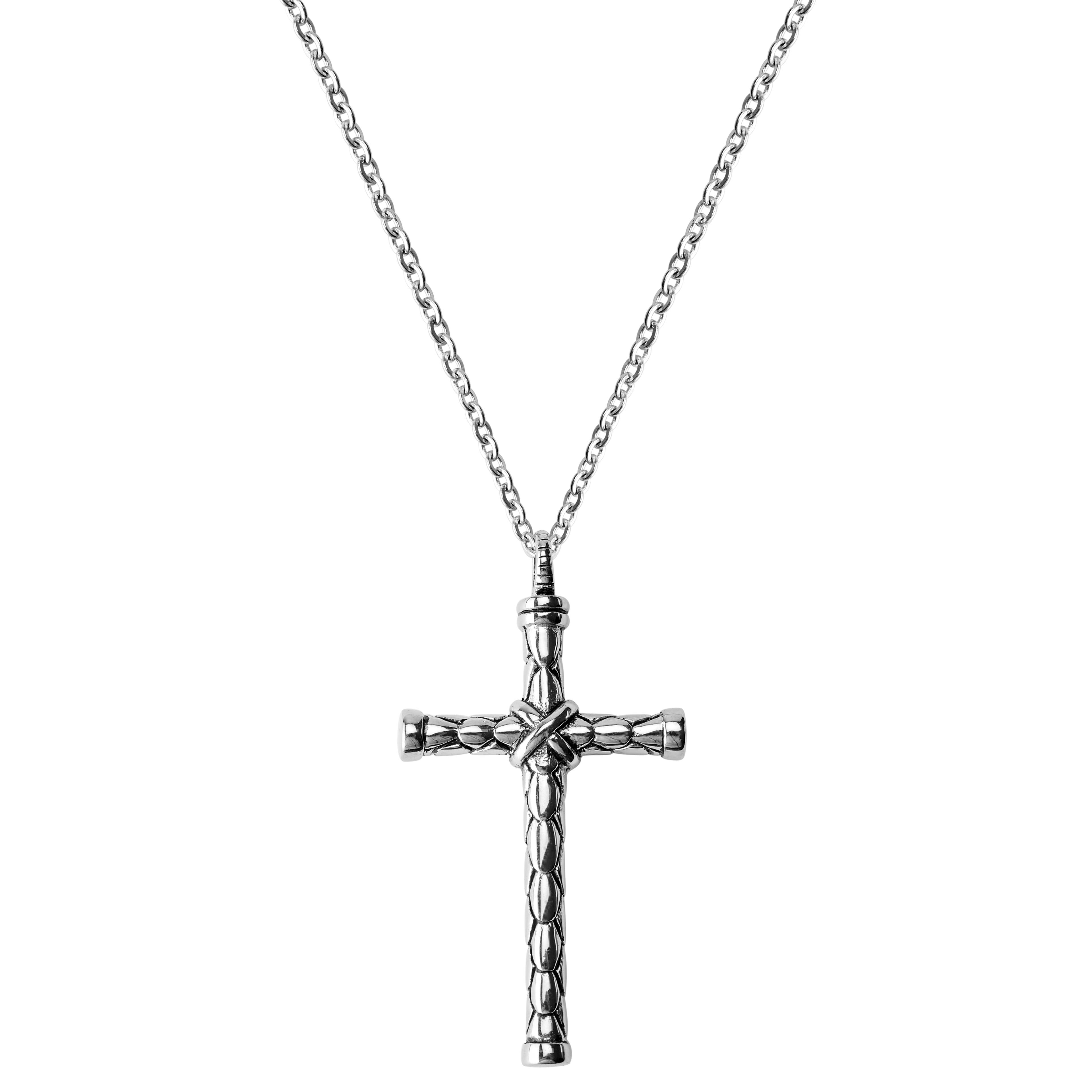 Silver-Tone Stainless Steel Cross With Scales Cable Chain Necklace