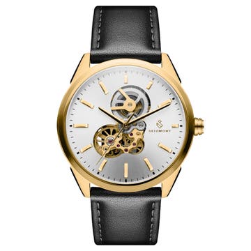 Cor | Gold-Tone Automatic Skeleton Watch With Silver-Tone Dial & Black Leather Strap