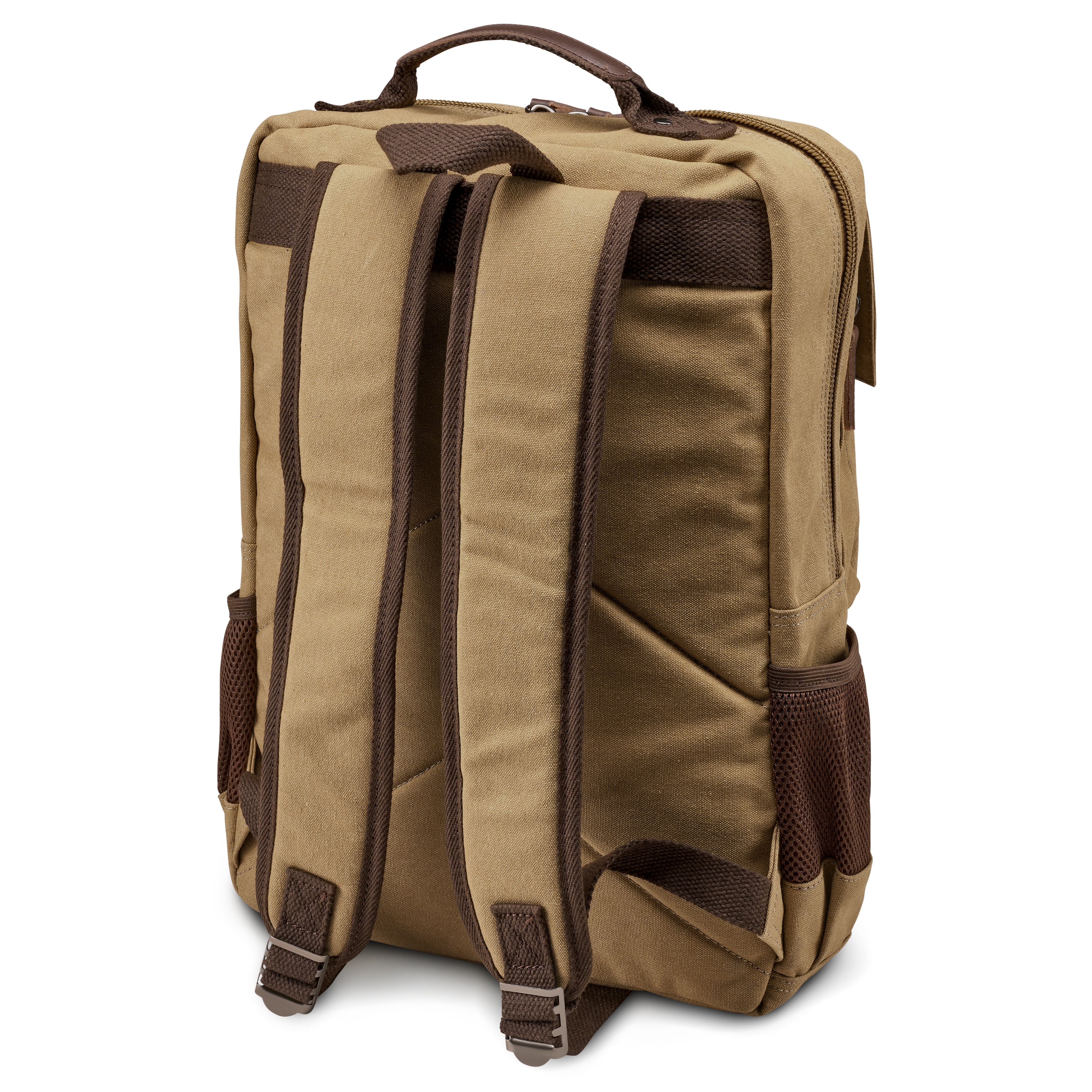 Компактна раница от брезент, цвят горичца и кафява кожа - 4