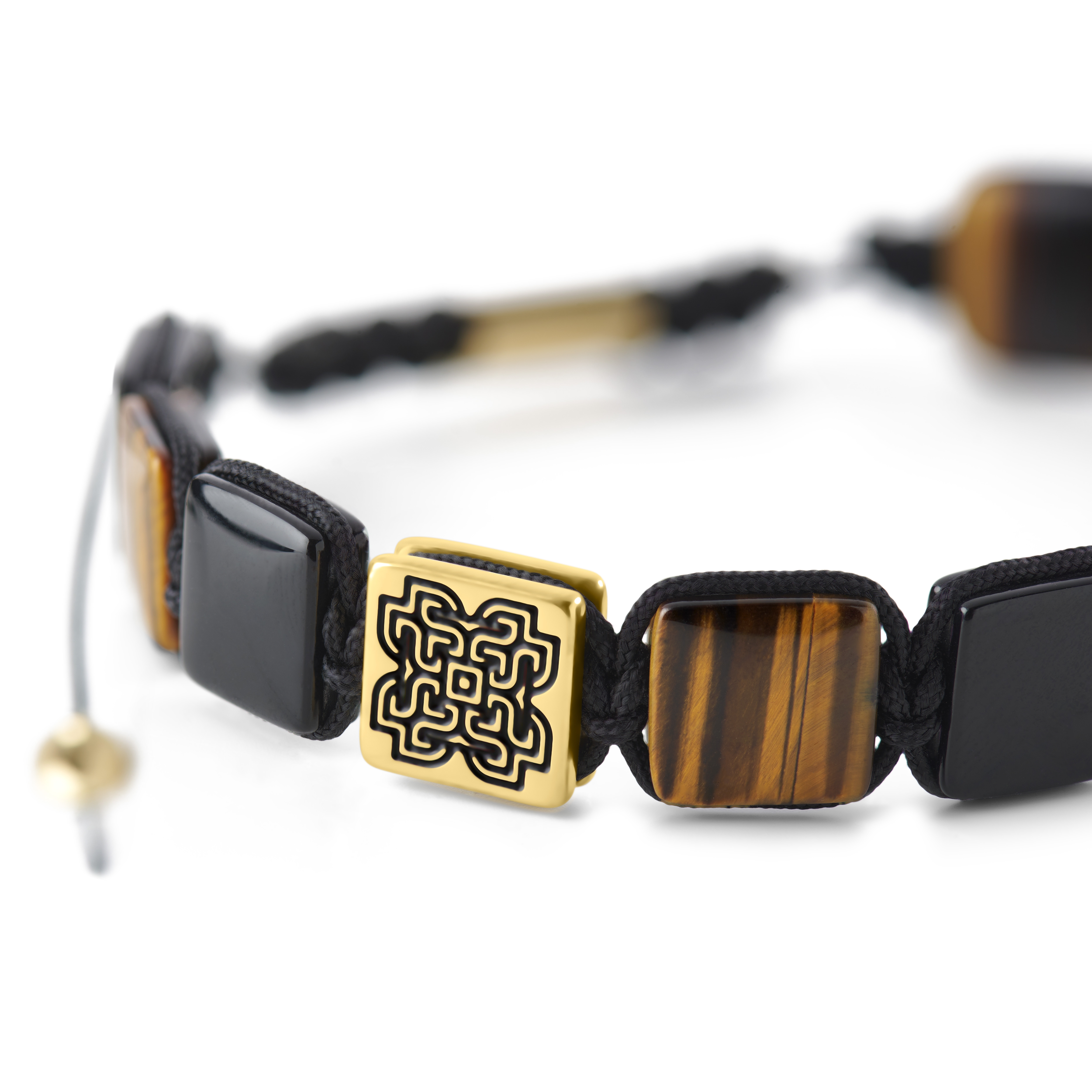 Elysian | Pulseira de Contas Planas Dourada com Olho de Tigre e Ónix - 3