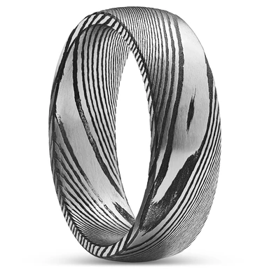 Fortis | 7 mm Gunmetal Gray and Silver-Tone Damascus Steel Court Ring Fortis | 7 mm Gunmetal Gray and Silver-Tone Damascus Steel Court Ring