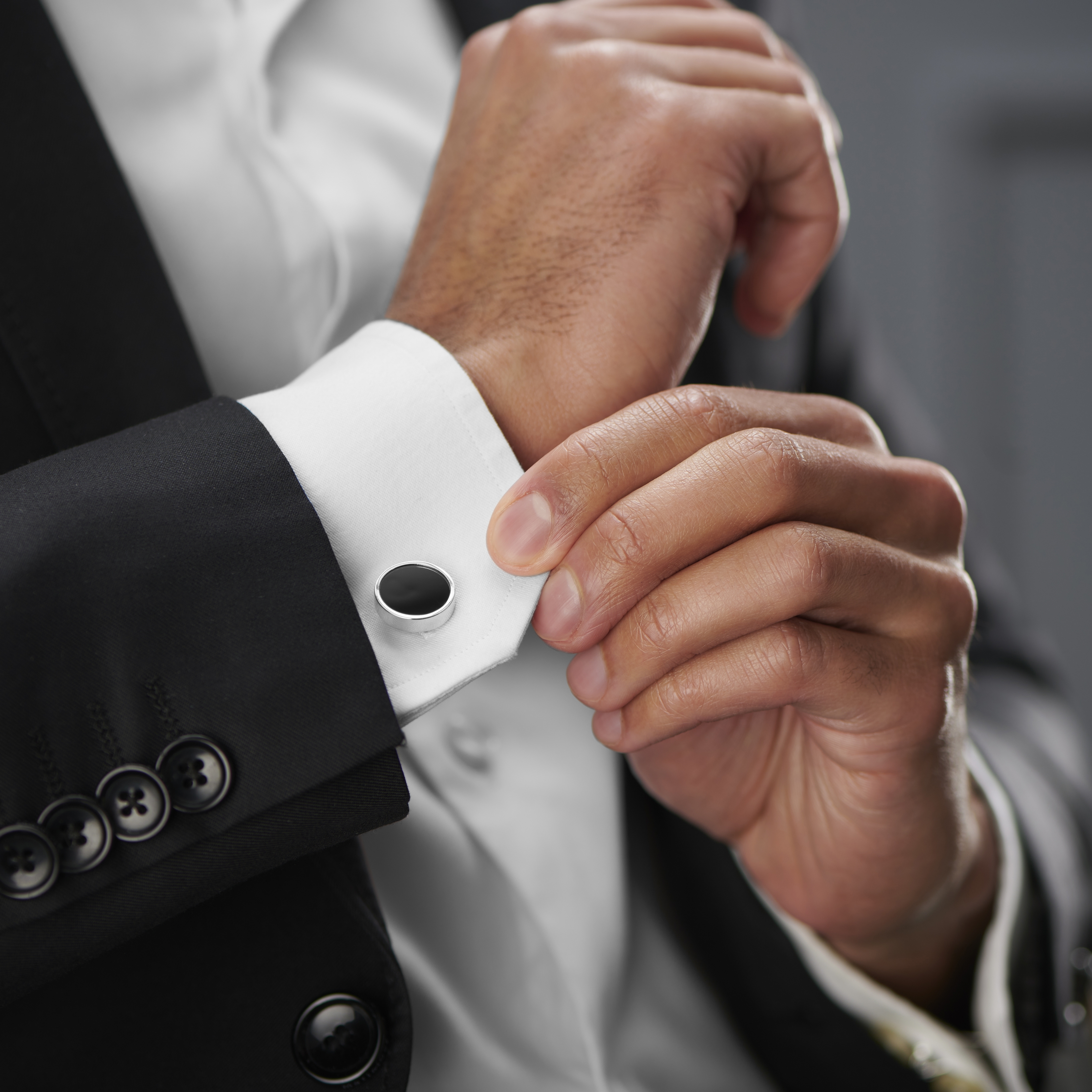 Ασημί Στρογγυλά Μανικετόκουμπα με Ένθετο Όνυχα - 6