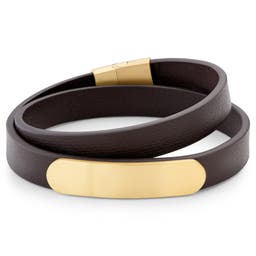 Nomen | Bracelet en cuir noir avec plaque d'identité en métal doré