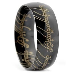 Sentio | Czarny pierścionek ze stali nierdzewnej ze złocistym pismem elfów
