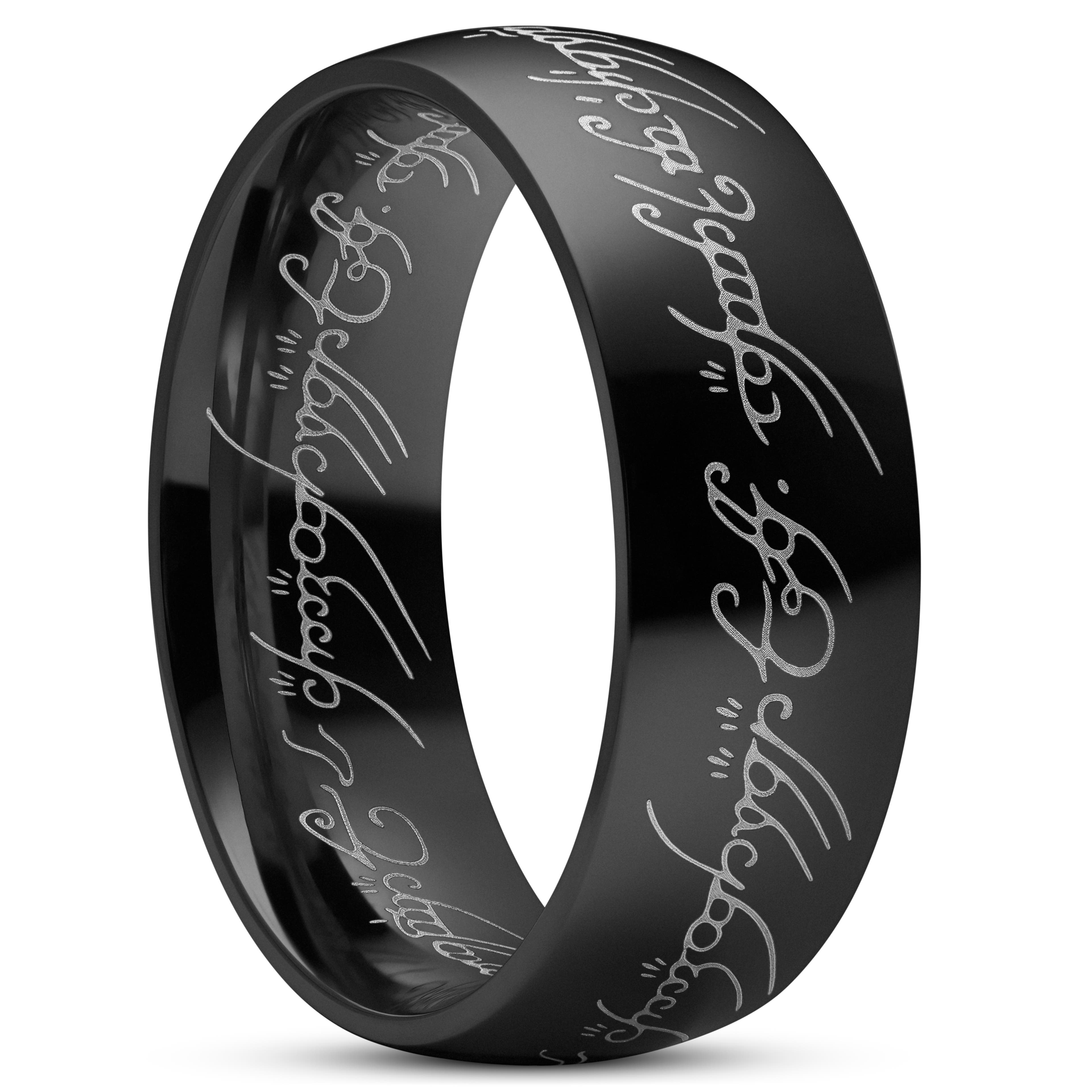 Sentio | Anillo de acero inoxidable negro con escritura élfica en dorado Sentio | Anillo de acero inoxidable negro con escritura élfica en dorado