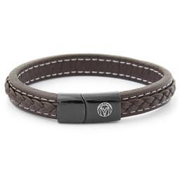 Brown Braided Leather & Stainless Steel Bracelet