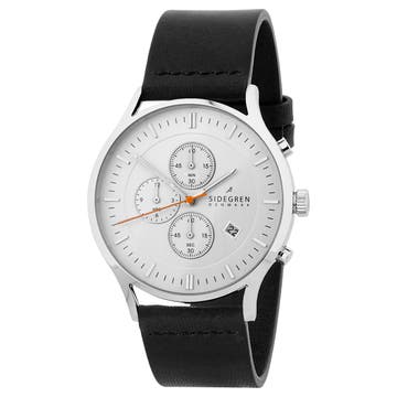 Revil | Silver-Tone Chronograph Watch With Silver-Tone Dial & Black Leather Strap