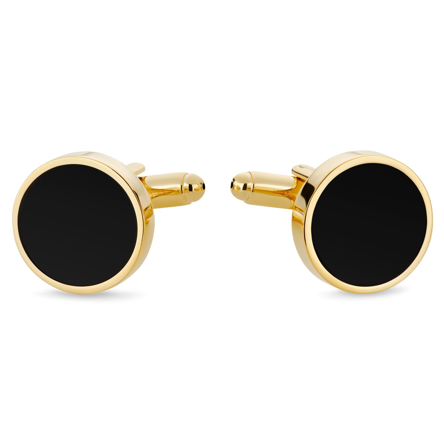 Runde Guldfarvede Manchetknapper med Onyx Runde Guldfarvede Manchetknapper med Onyx