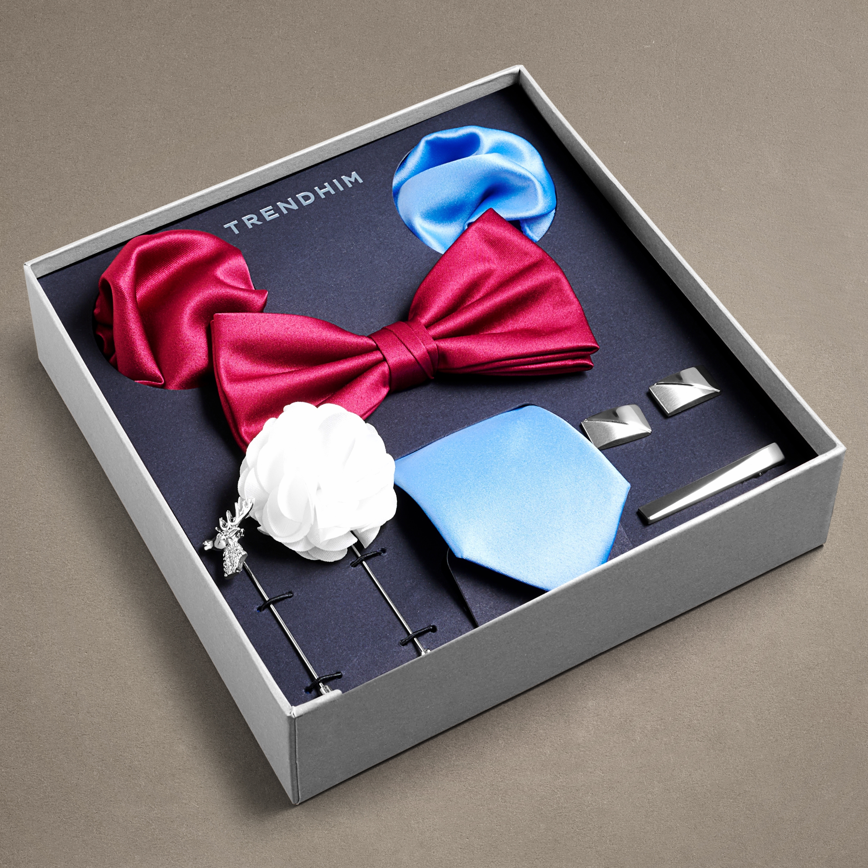 Coffret-cadeau d'accessoires de costume | Set bleu, bordeaux et argenté - 3