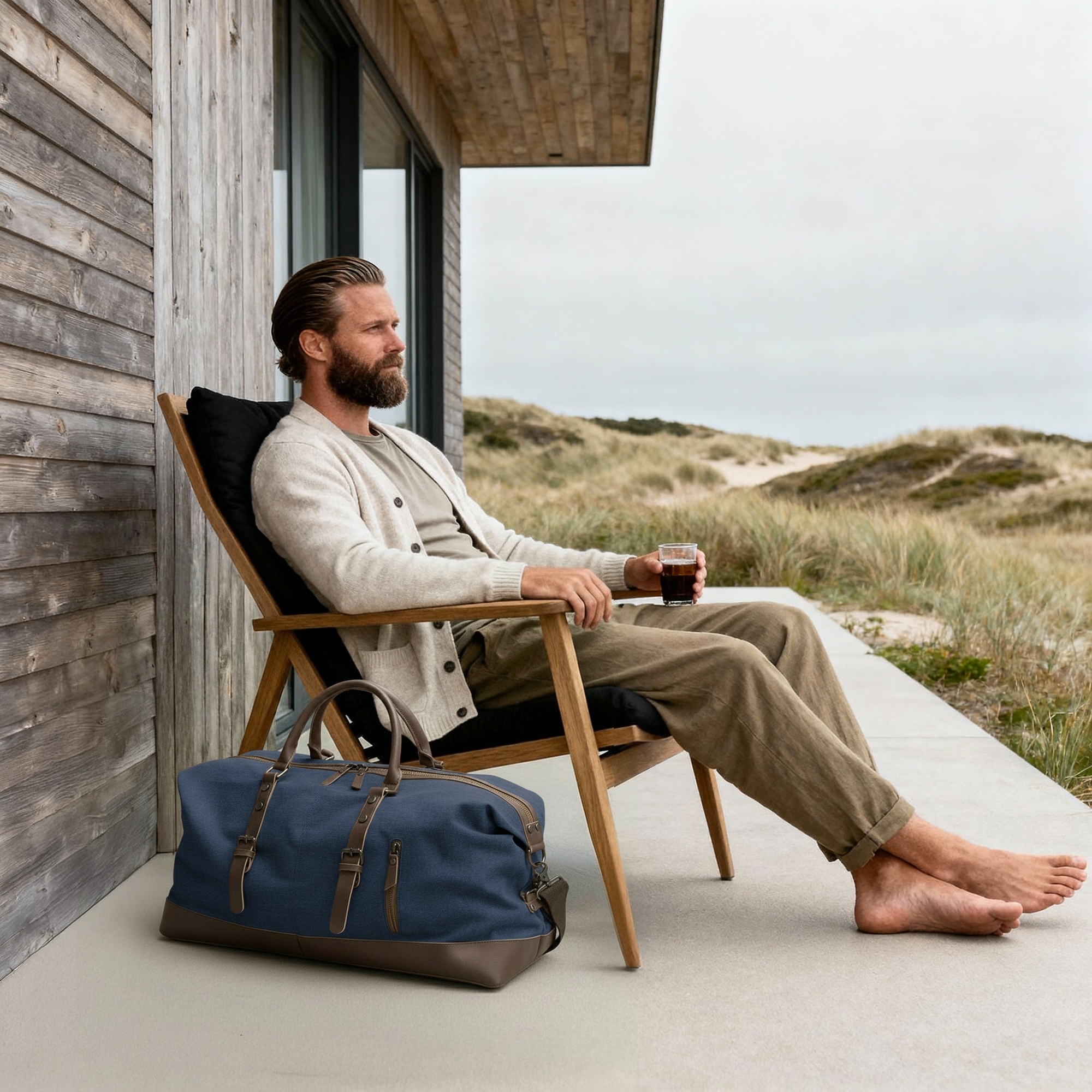 Džinsa zila auduma un brūnas ādas sporta soma - 2