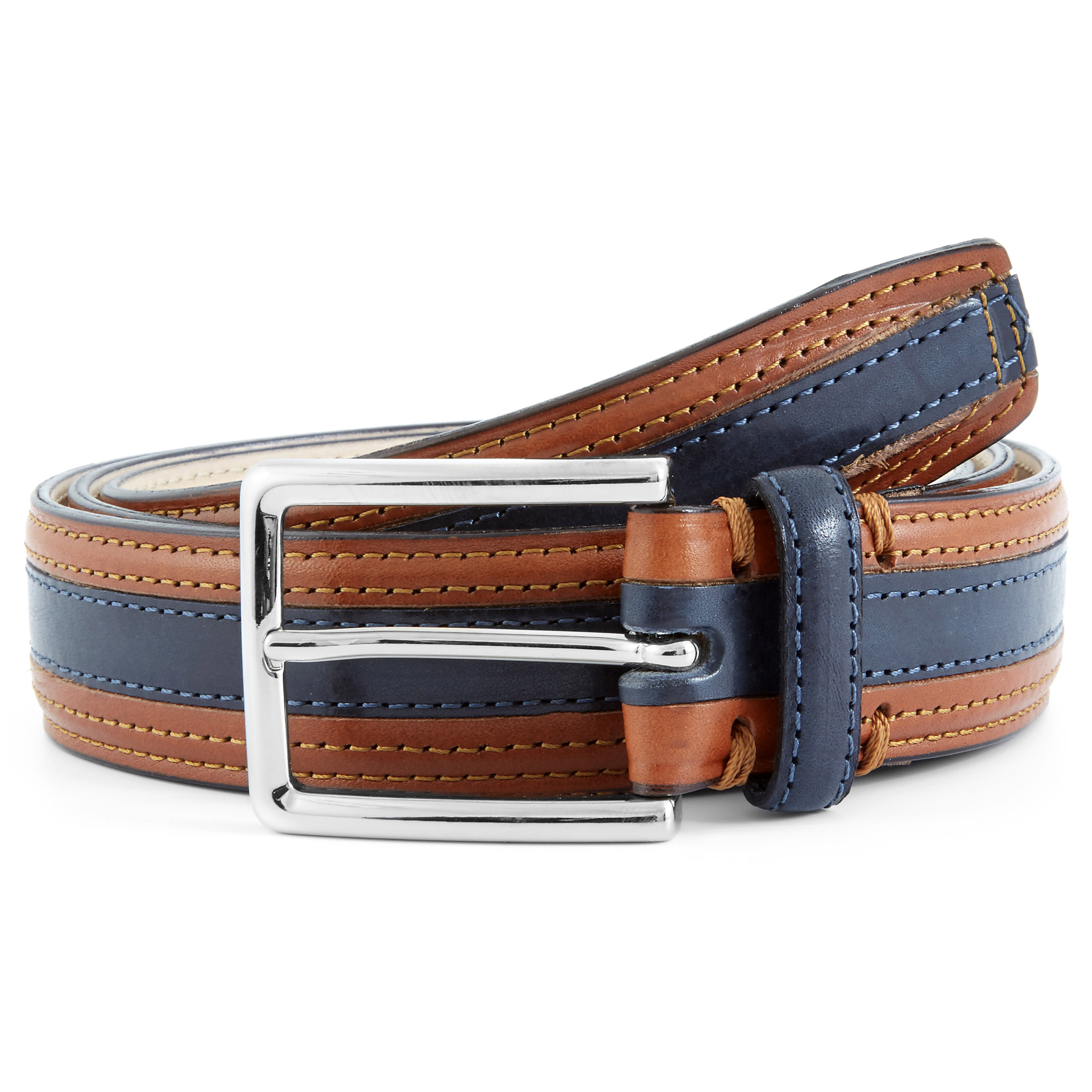 Prugasti smeđi i plavi kožni remen - 1