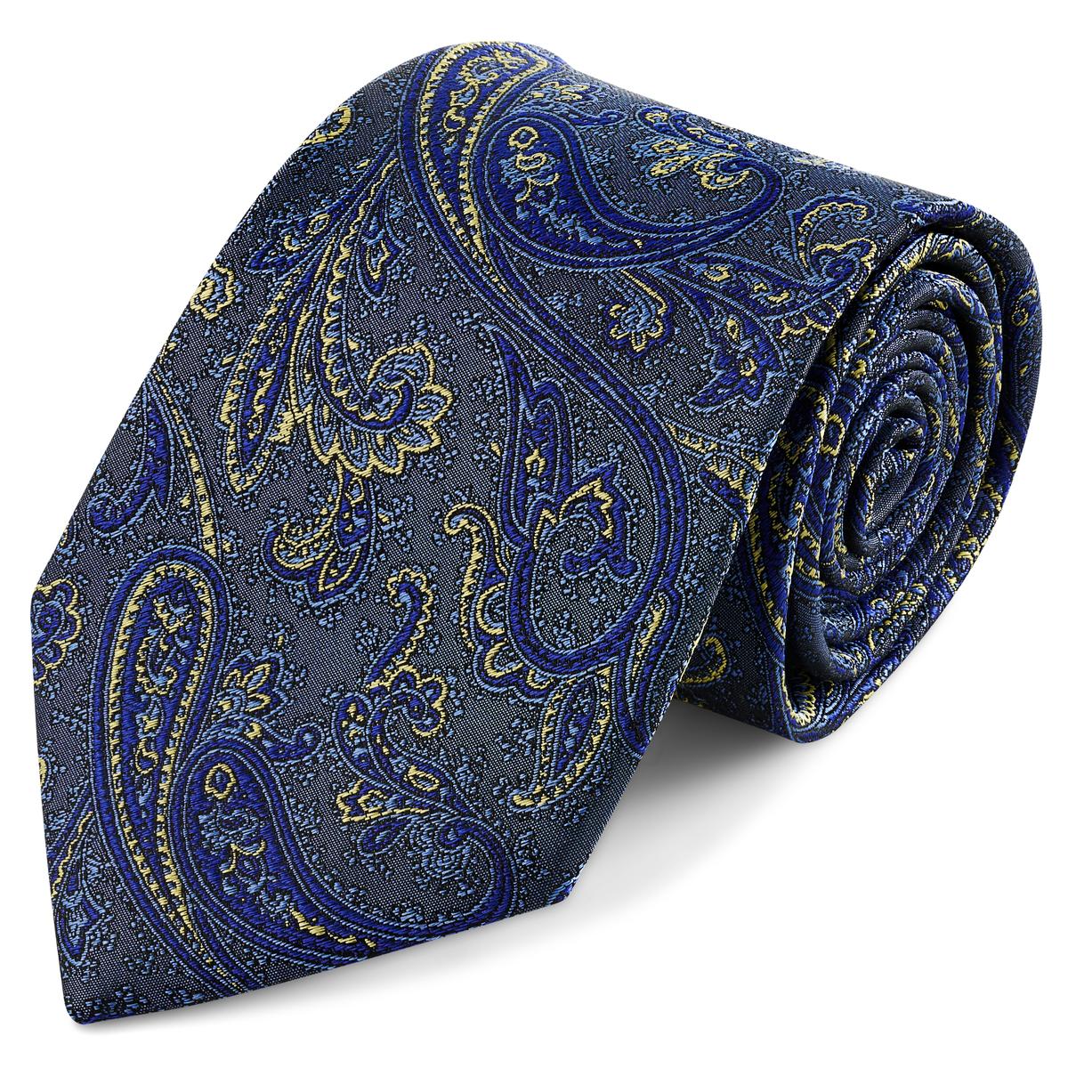 Cravatta in seta con motivo paisley azzurro e dorato cm