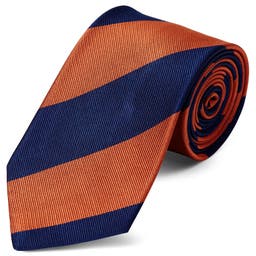 Cravate en soie à rayres bleu marine et orange - 8 cm