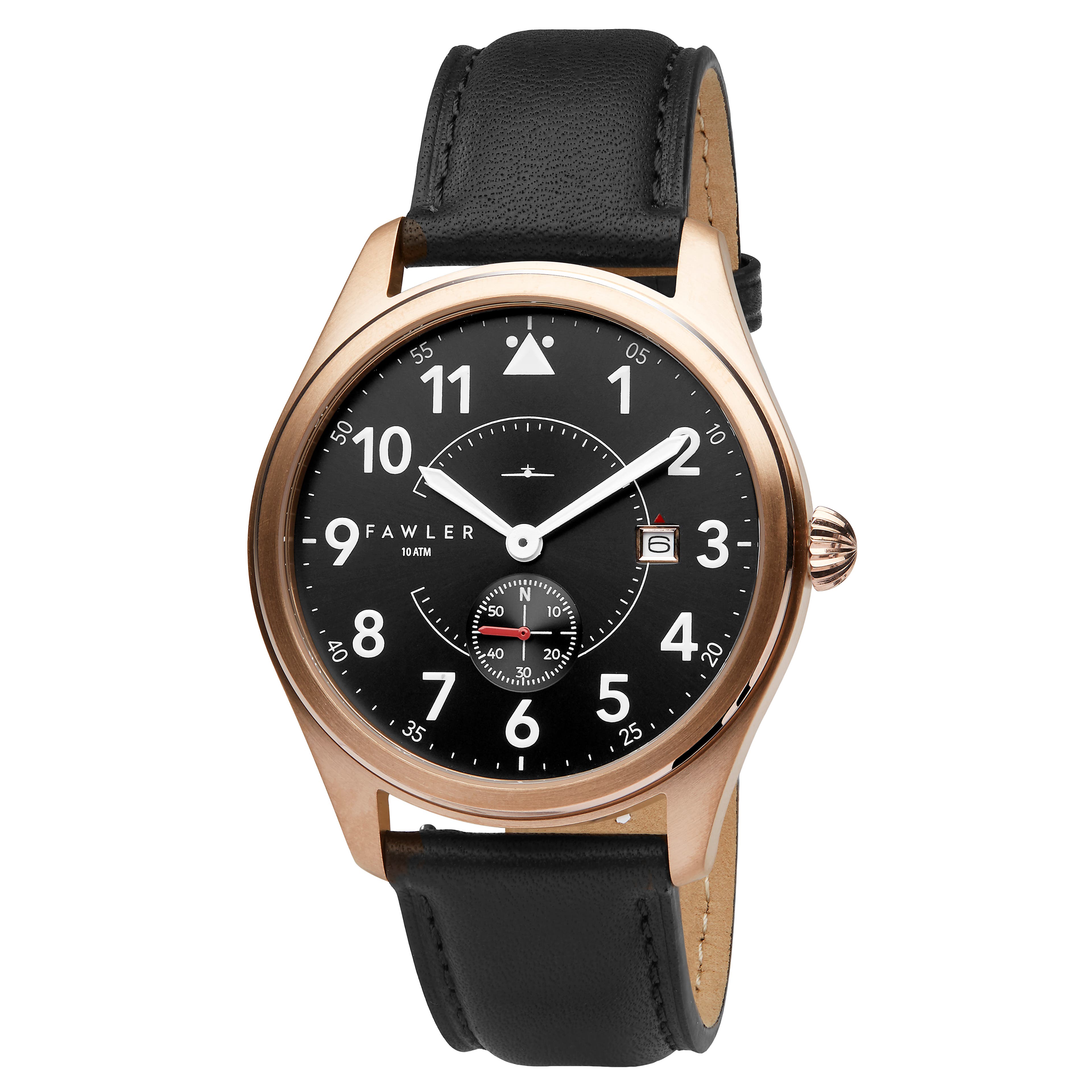Aviator | Rose Gold-Tone Aviator Watch With Black Dial, White Numbers & Black Leather Strap