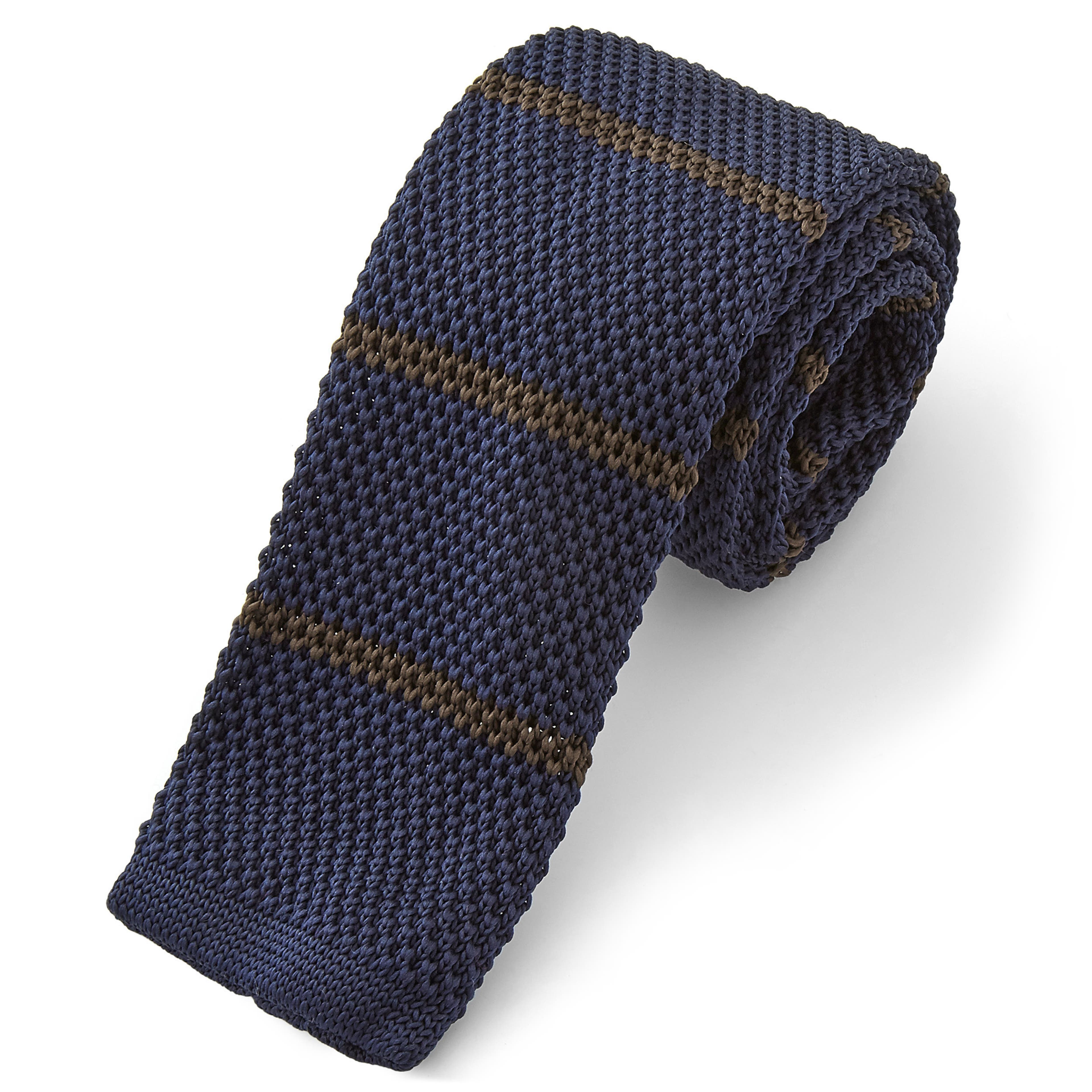 Navy Blue & Brown Striped Polyester Knitted Tie
