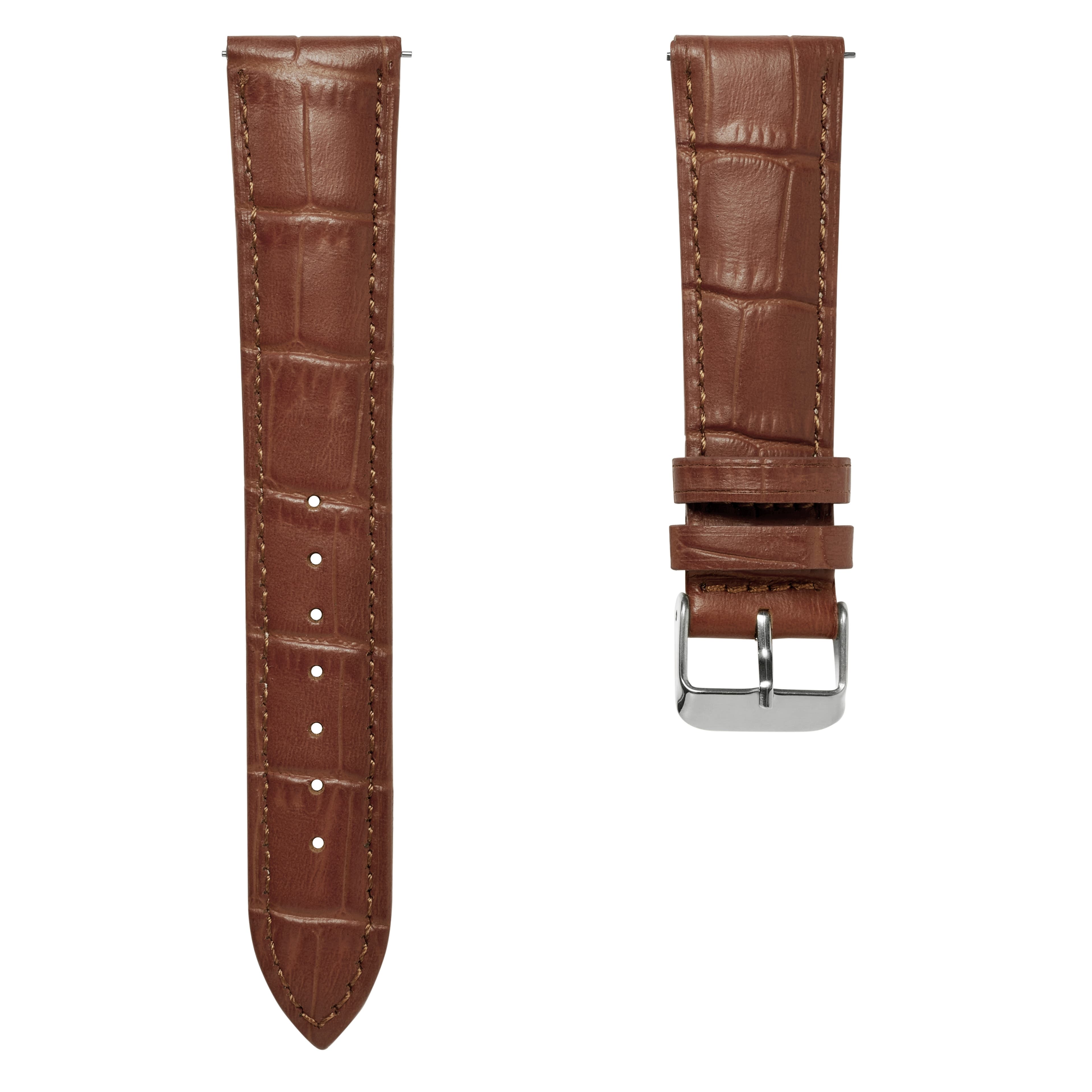 Correa de reloj de cuero marrón con relieve de cocodrilo y hebilla plateada de 20 mm - Liberación rápida