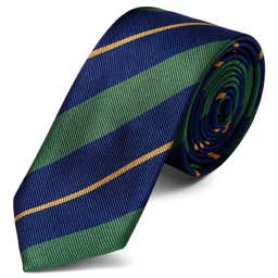Corbata de 6 cm de seda azul marino con rayas dorada y verdes