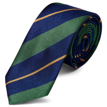 Ciemnogranatowy krawat jedwabny w zielono-złote paski 6 cm