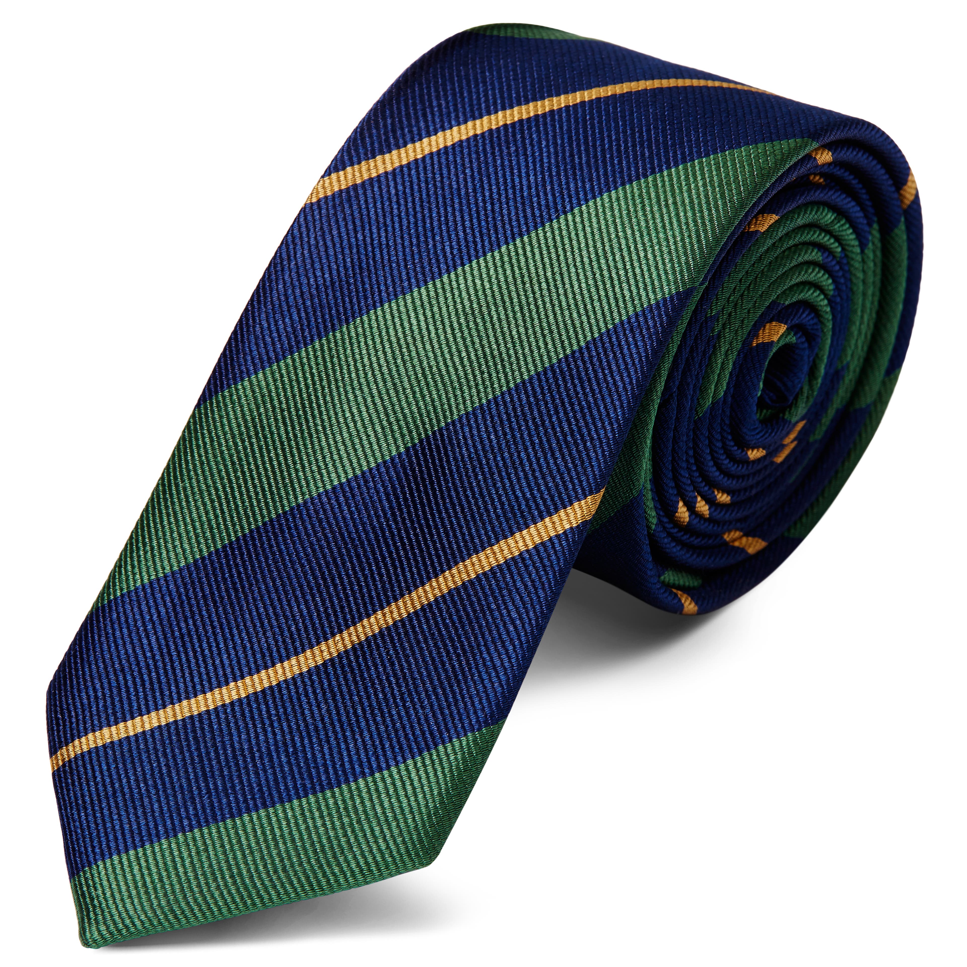 Hodvábna tmavomodrá kravata  so zlatými a zelenými pruhmi 
