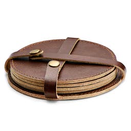Leather Drink Coasters and Holder x4 | Brown & Round