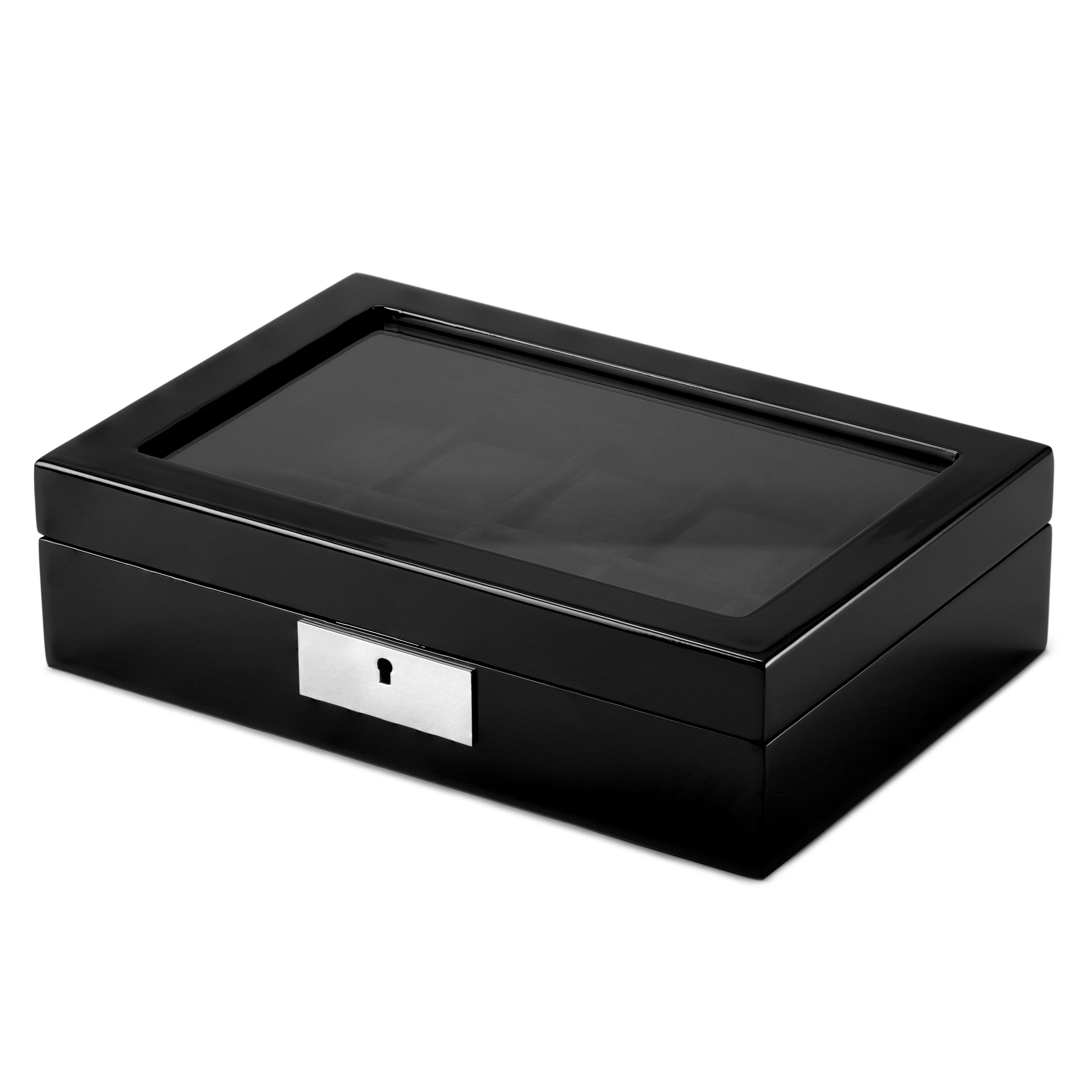 Schwarze Uhrenbox für 10 Uhren mit Glasfenster & Schlüssel