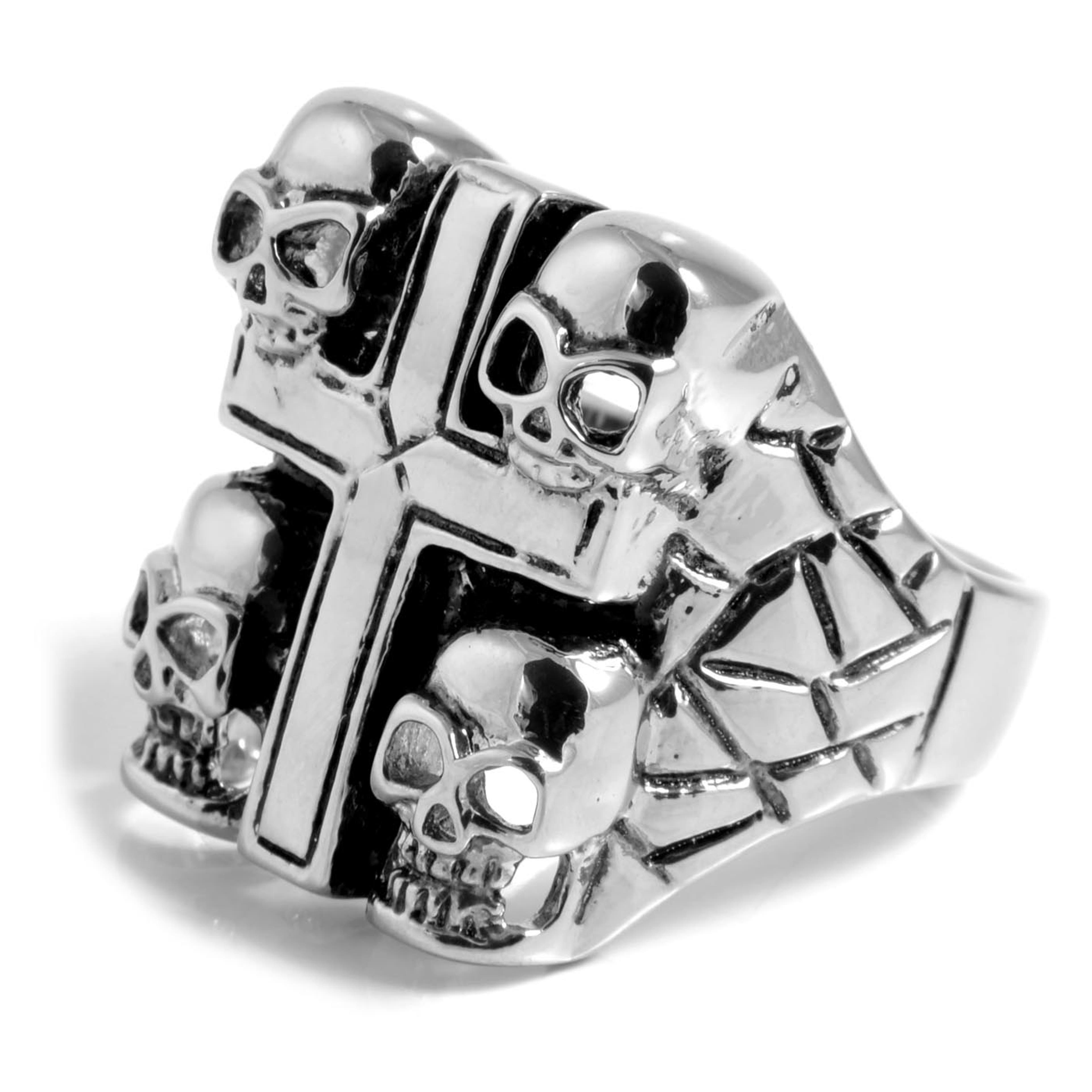 Silver-Tone & Black Stainless Steel Cross & Skulls Ring