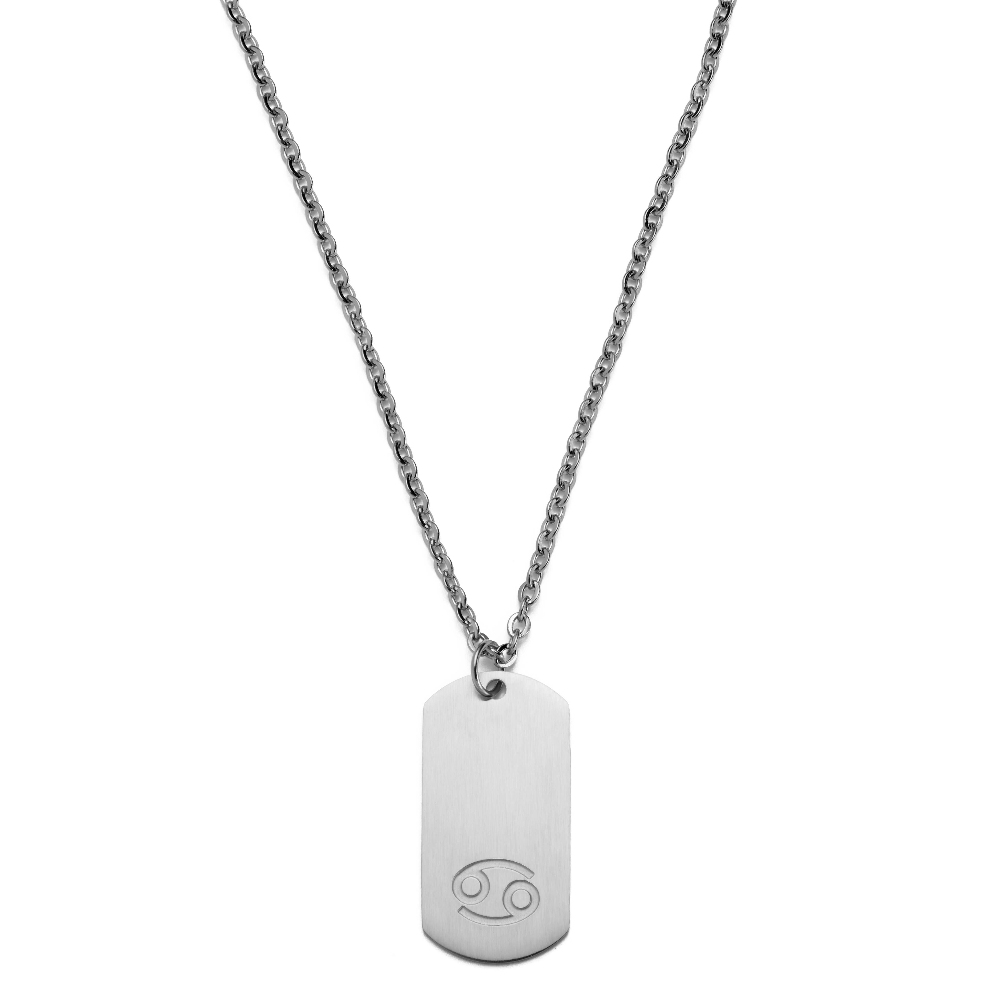 Zodiac | Silver-Tone Stainless Steel Cancer Star Sign Dog Tag Cable Chain Necklace