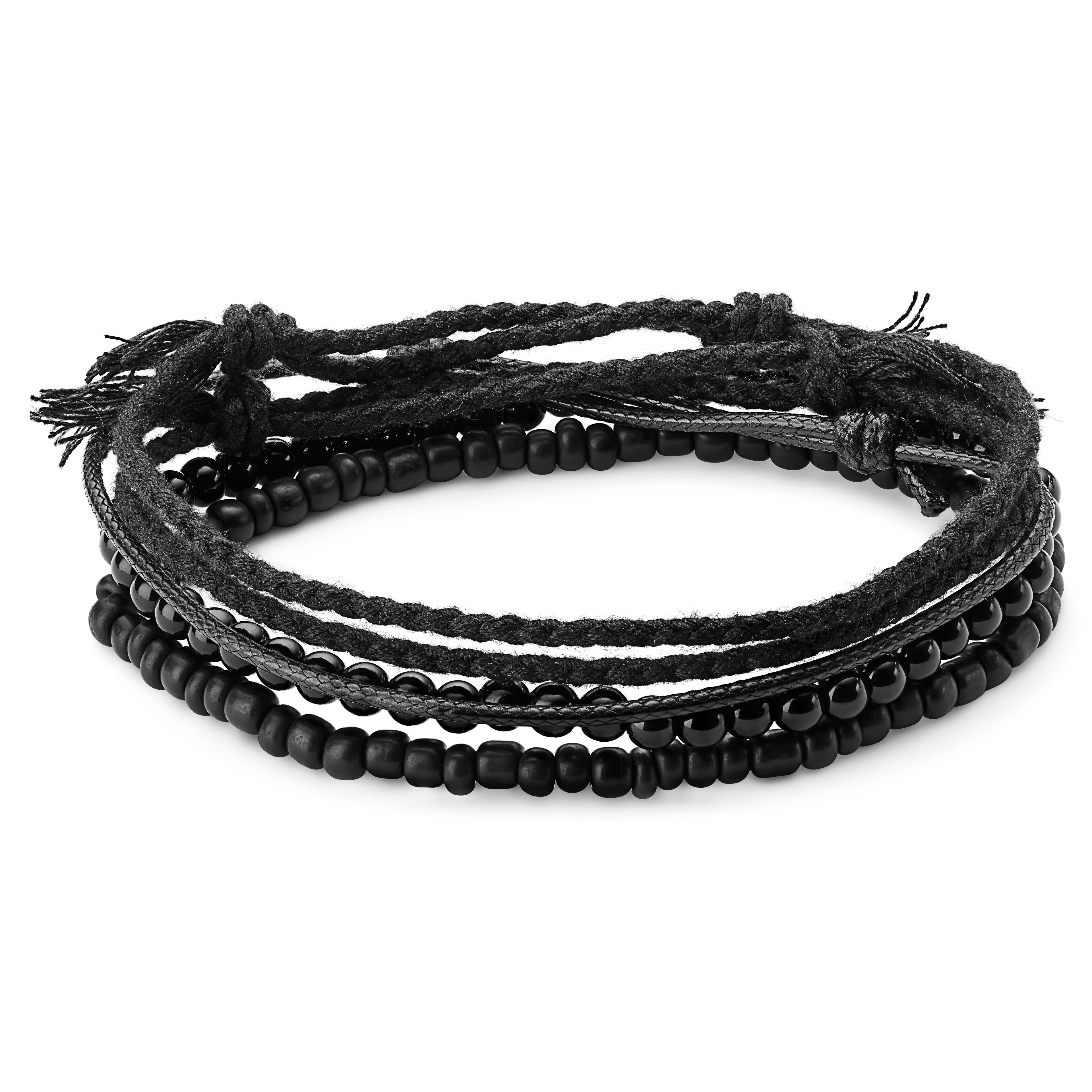 Schwarzes Onyx, Baumwolle und Leder Armbandset
