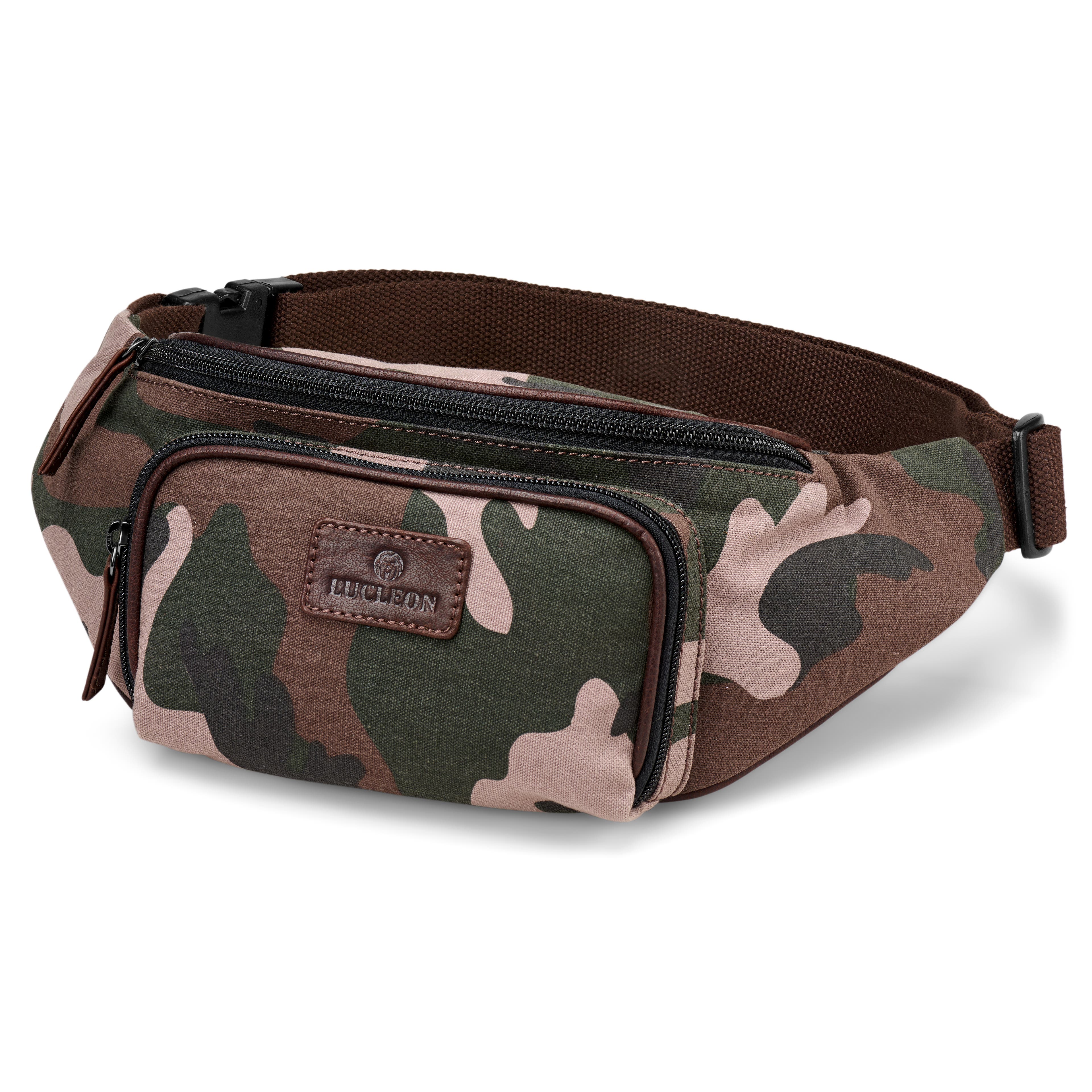 Leaf Pattern Camouflage Canvas & Buffalo Leather Fanny Pack Leaf Pattern Camouflage Canvas & Buffalo Leather Fanny Pack