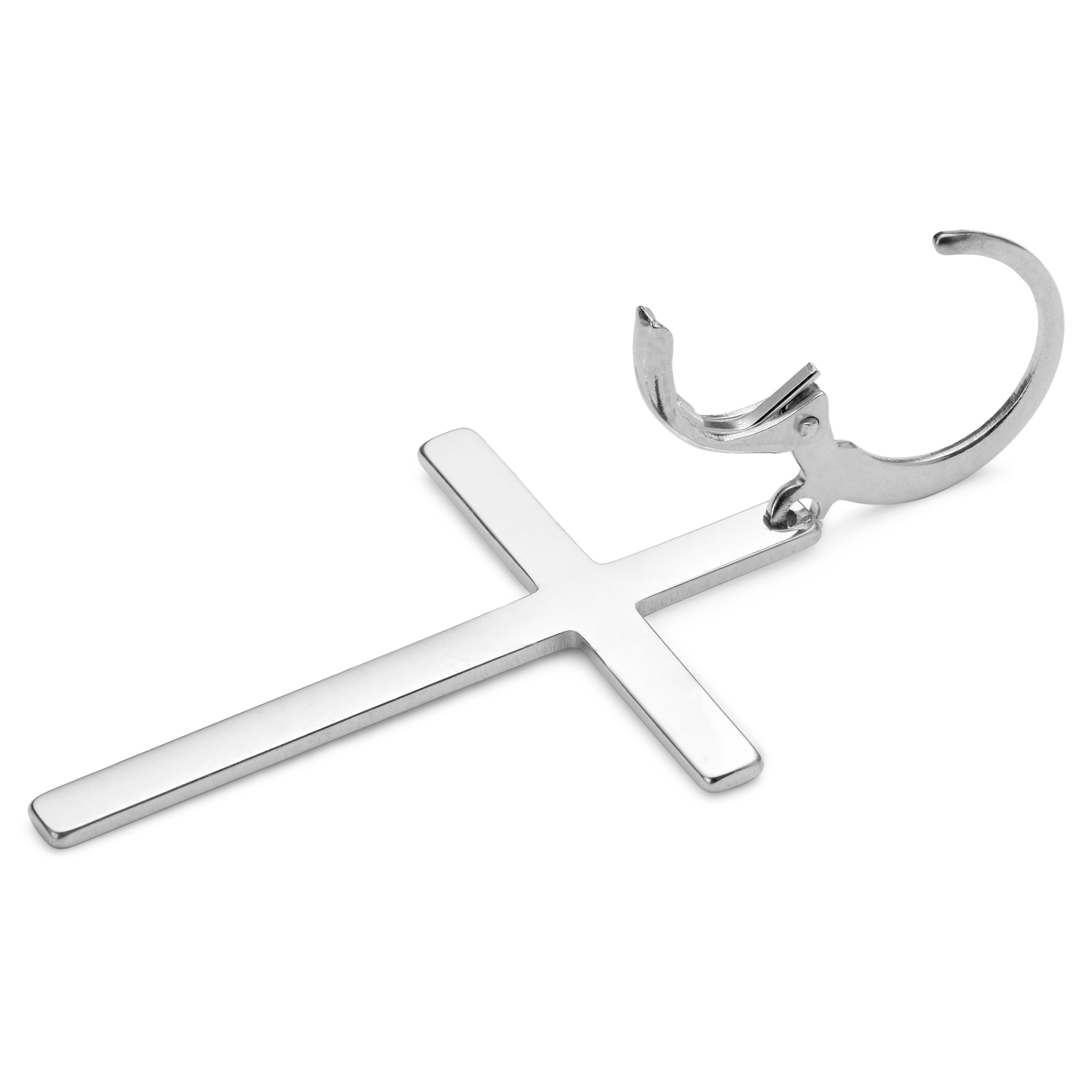 Sentio | Srebrzysty kolczyk kółeczko ze stali nierdzewnej z wiszącym krzyżykiem - 2