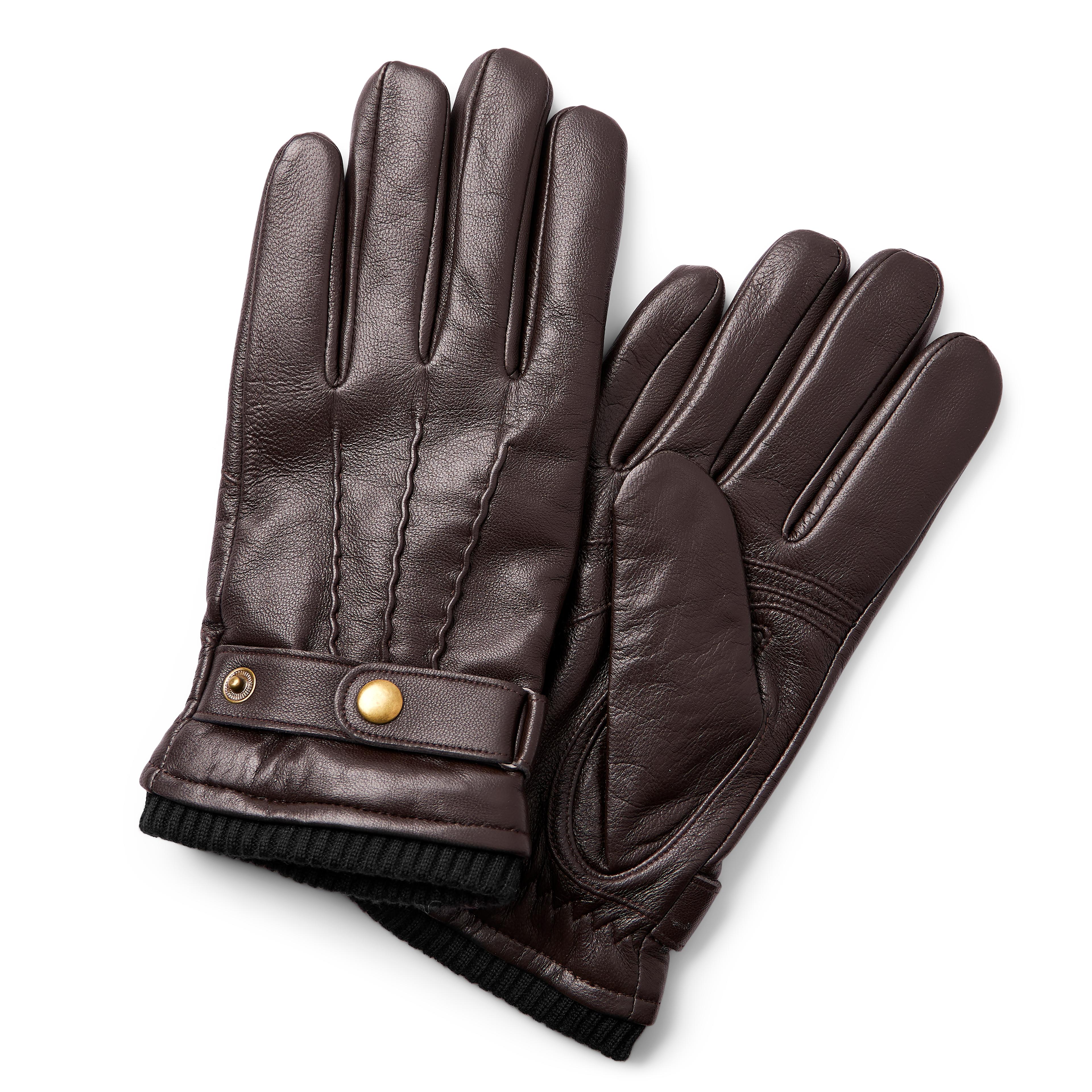 Fjeld | Mănuși maro închis din piele de oaie, cu manșetă reiată și curea Fjeld | Mănuși maro închis din piele de oaie, cu manșetă reiată și curea