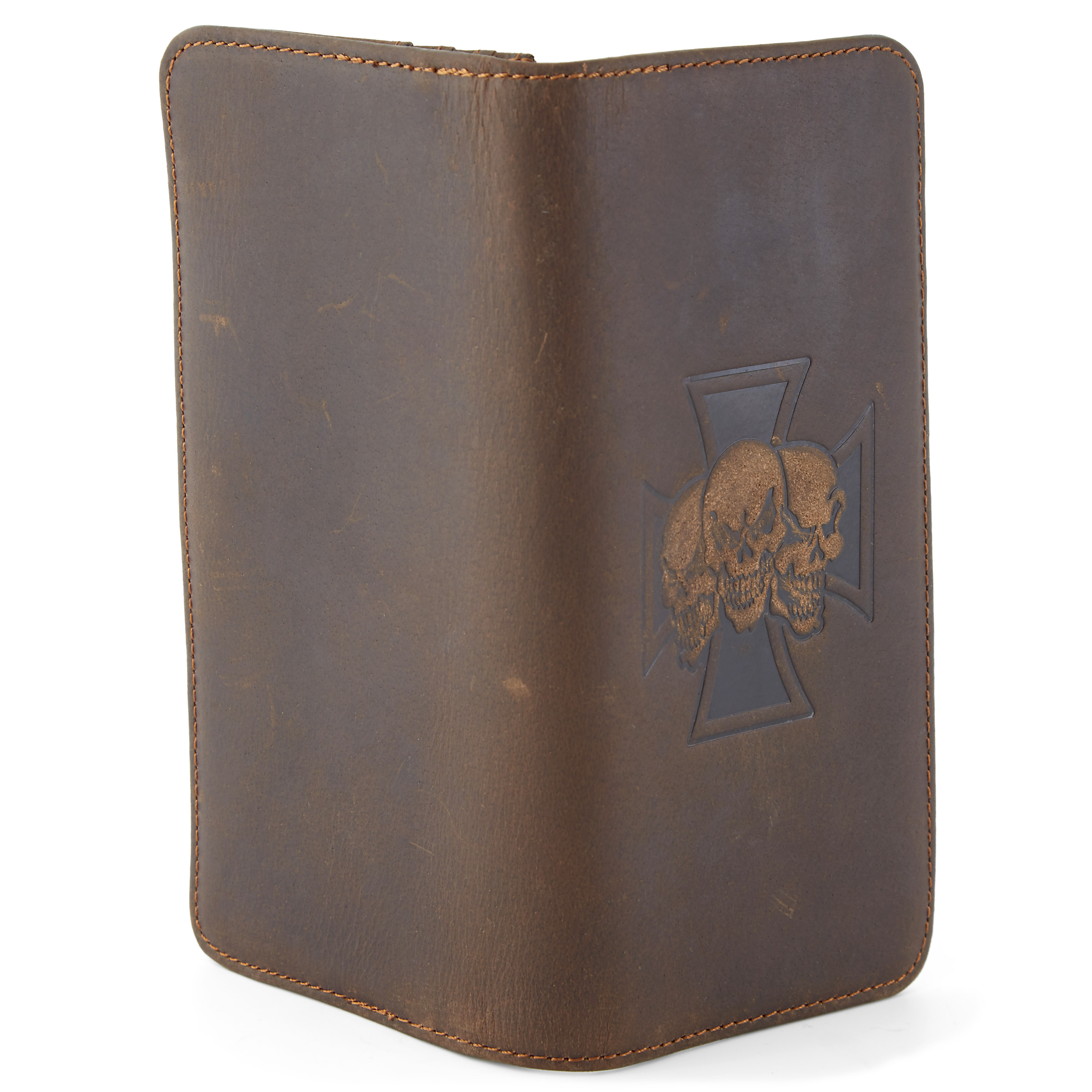 Cartera de cuero alargada con triple calavera y cruz - 5