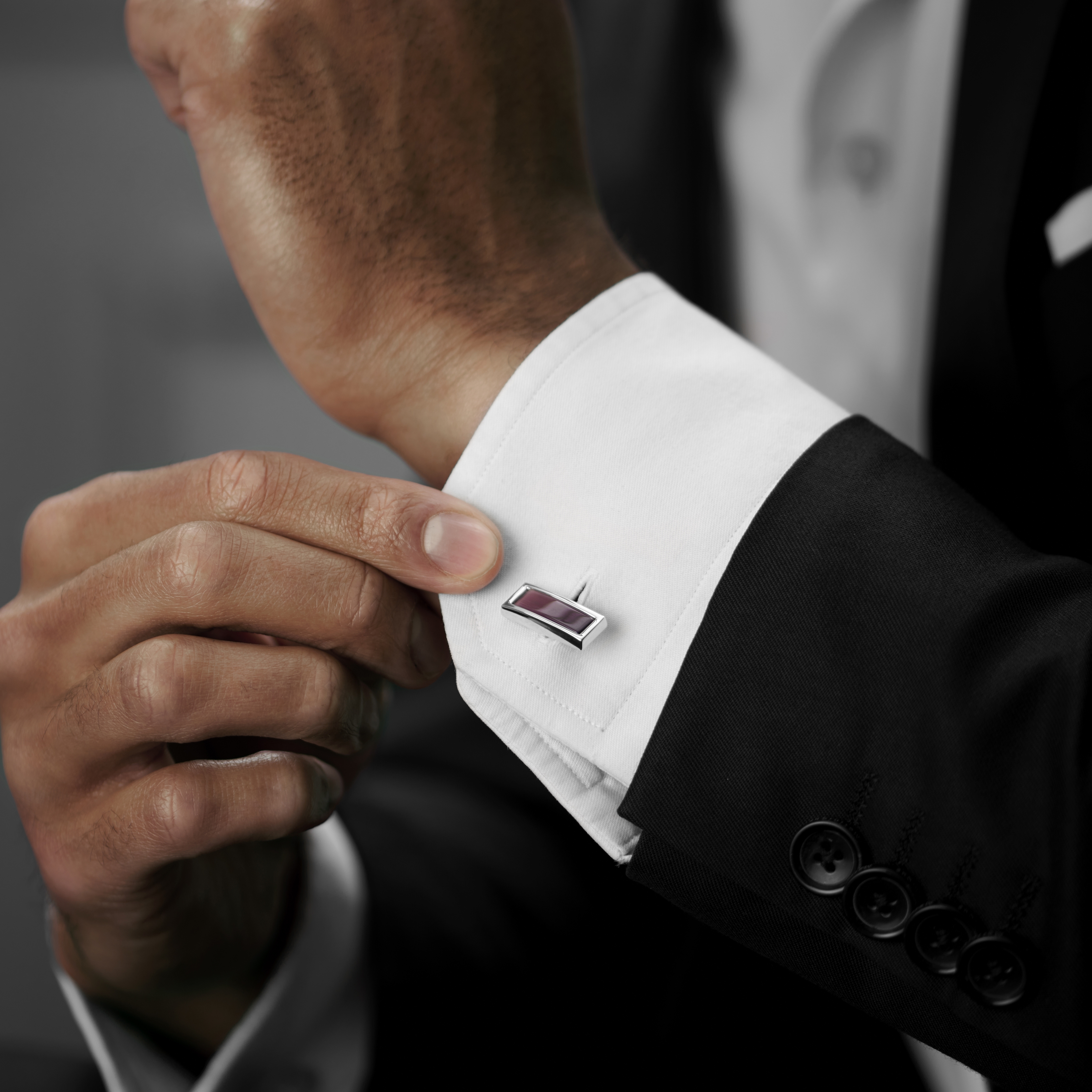 Rectangular Silver-Tone & Burgundy Stones Cufflinks - 5