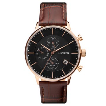 Ternion | Rose Gold-Tone Dual-Time Watch With Black Dial & Rust Leather Strap