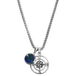 Atlas | Silberfarbene Halskette mit Kompass und Azurmalachit-Anhänger