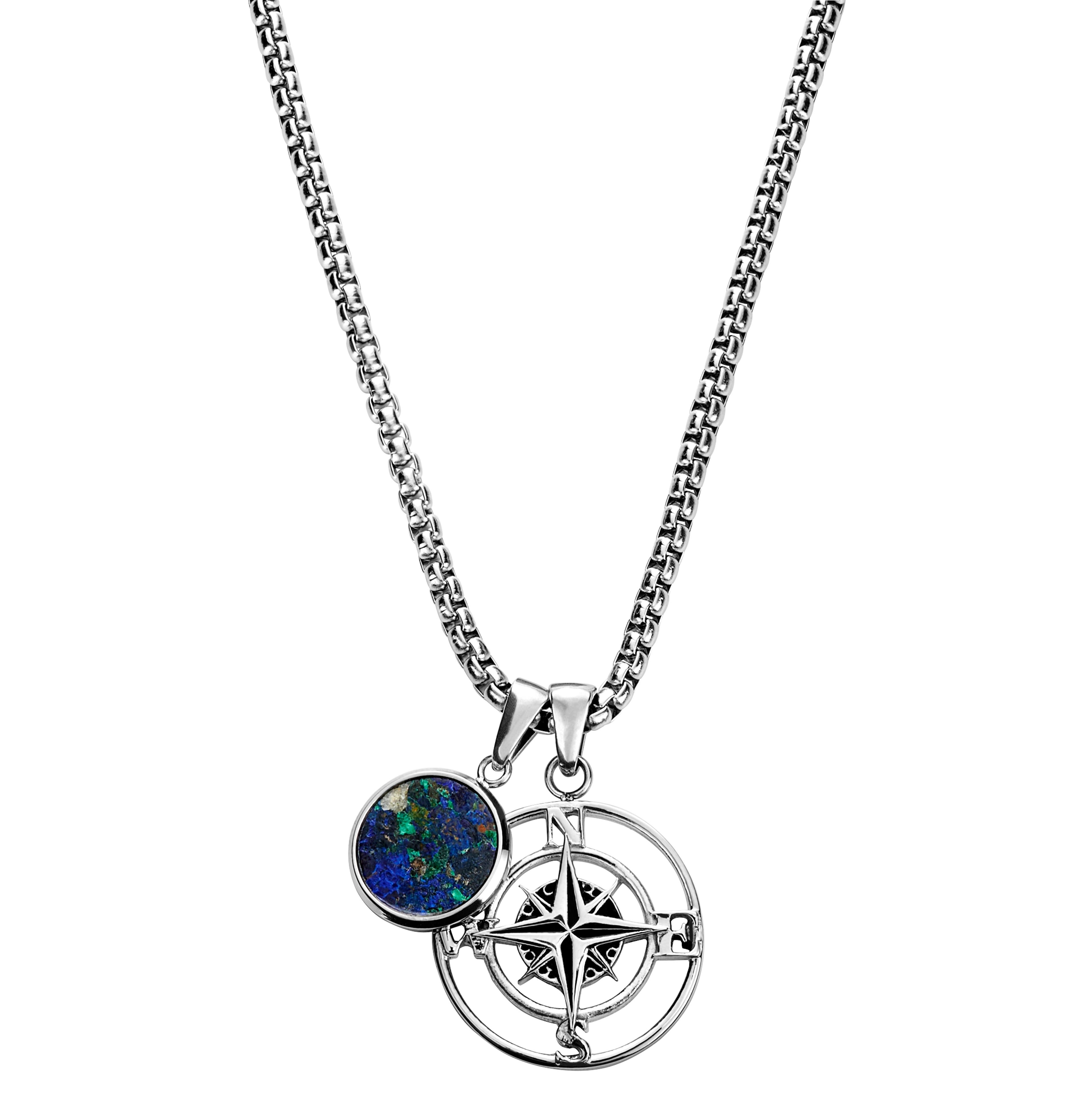 Atlas | Silberfarbene Halskette mit Kompass und Azurmalachit-Anhänger