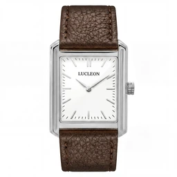 Legacy | Reloj cuadrado retro en tono plateado con esfera blanca y correa de cuero marrón oscuro