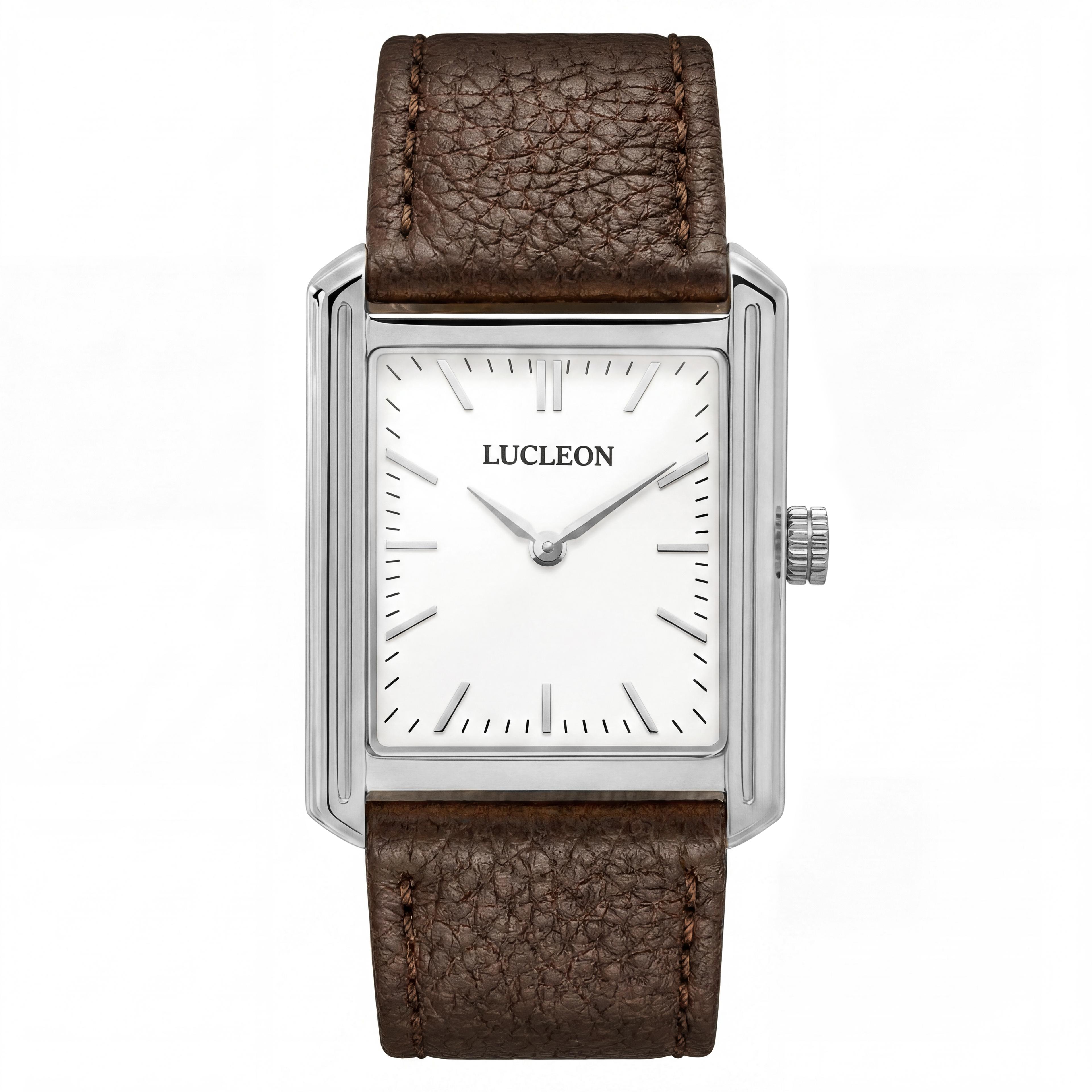 Legacy | Retro kwadratowy zegarek w srebrnym odcieniu z białą tarczą i ciemnobrązowym skórzanym paskiem - 1