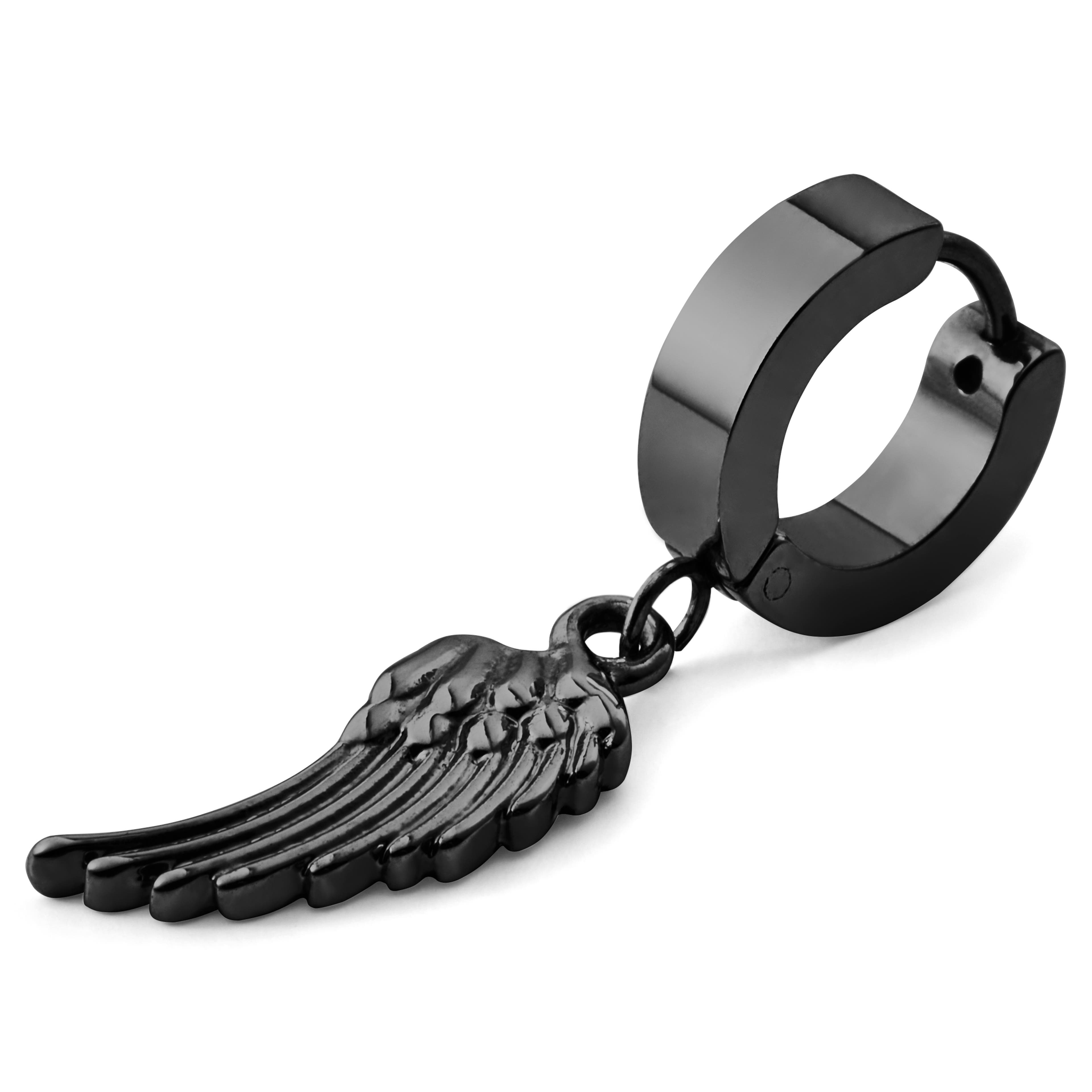 Czarny kolczyk kółeczko z zawieszką w kształcie skrzydła Floyd