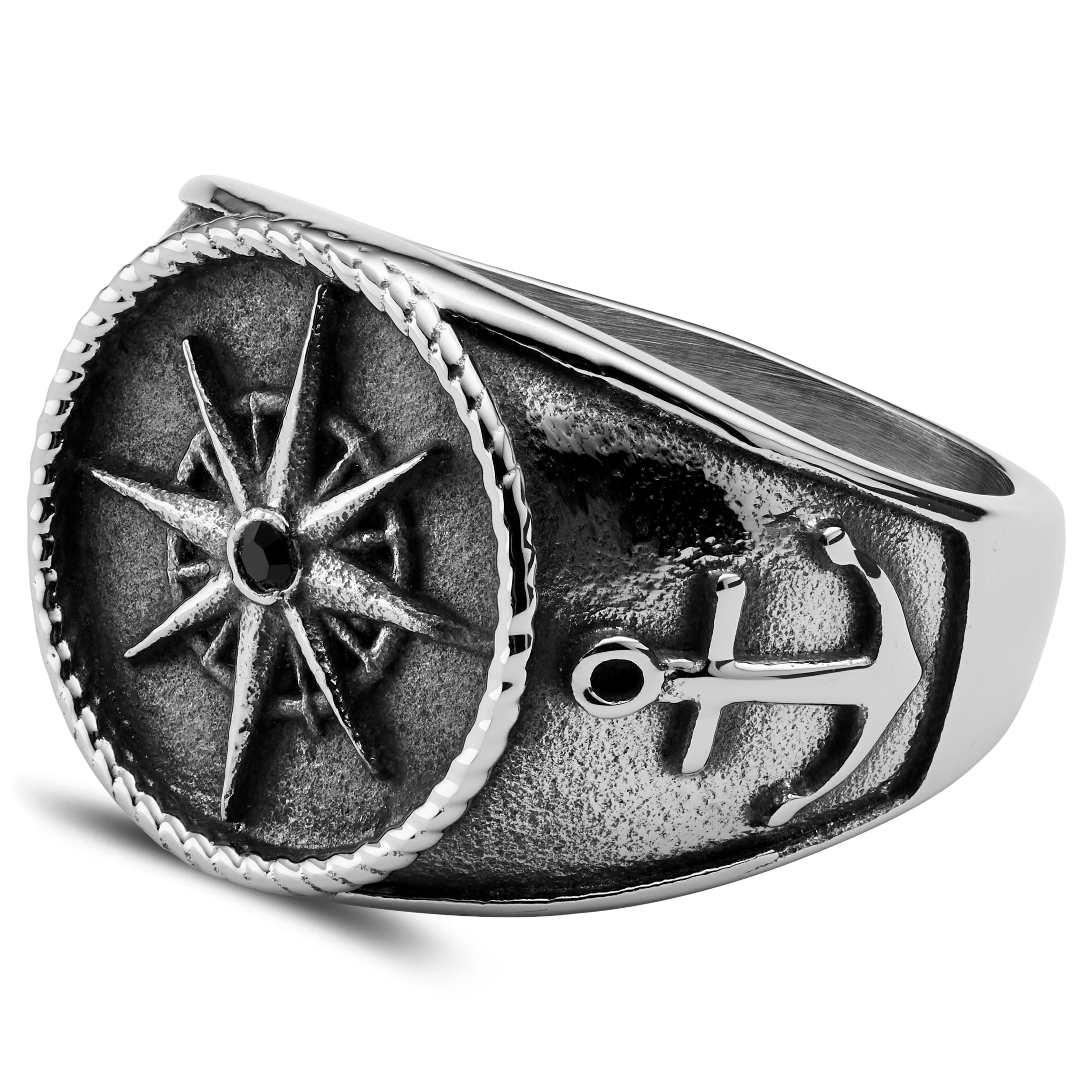 Gravel | Silver-Tone Stainless Steel Compass & Anchors Ring | In