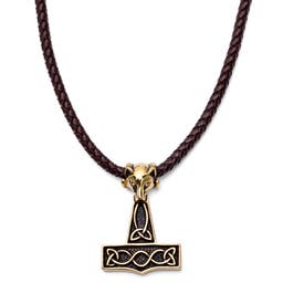 Brown Leather With Gold-Tone Wolf & Thor's Hammer Necklace