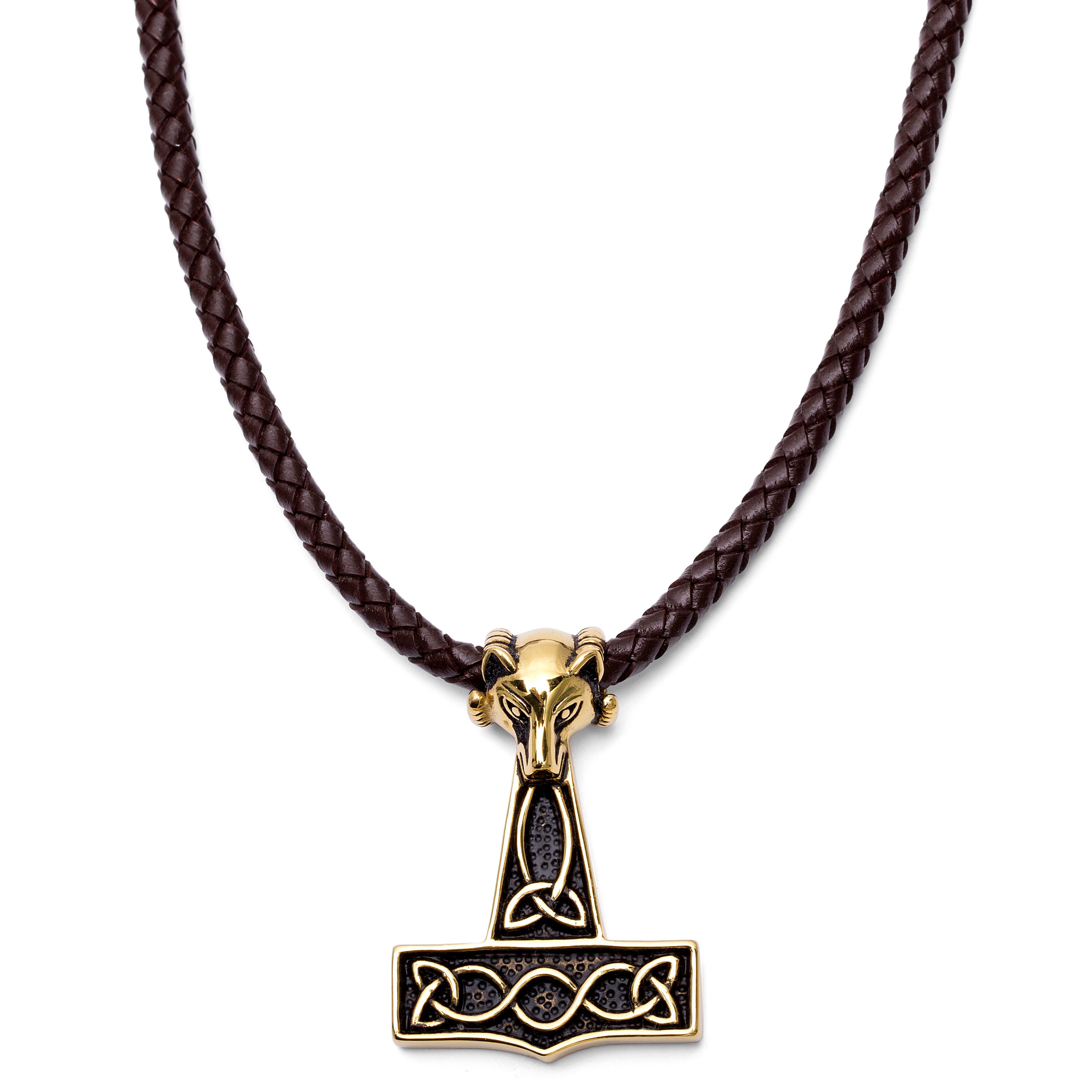 Brown Leather With Gold-Tone Wolf & Thor's Hammer Necklace