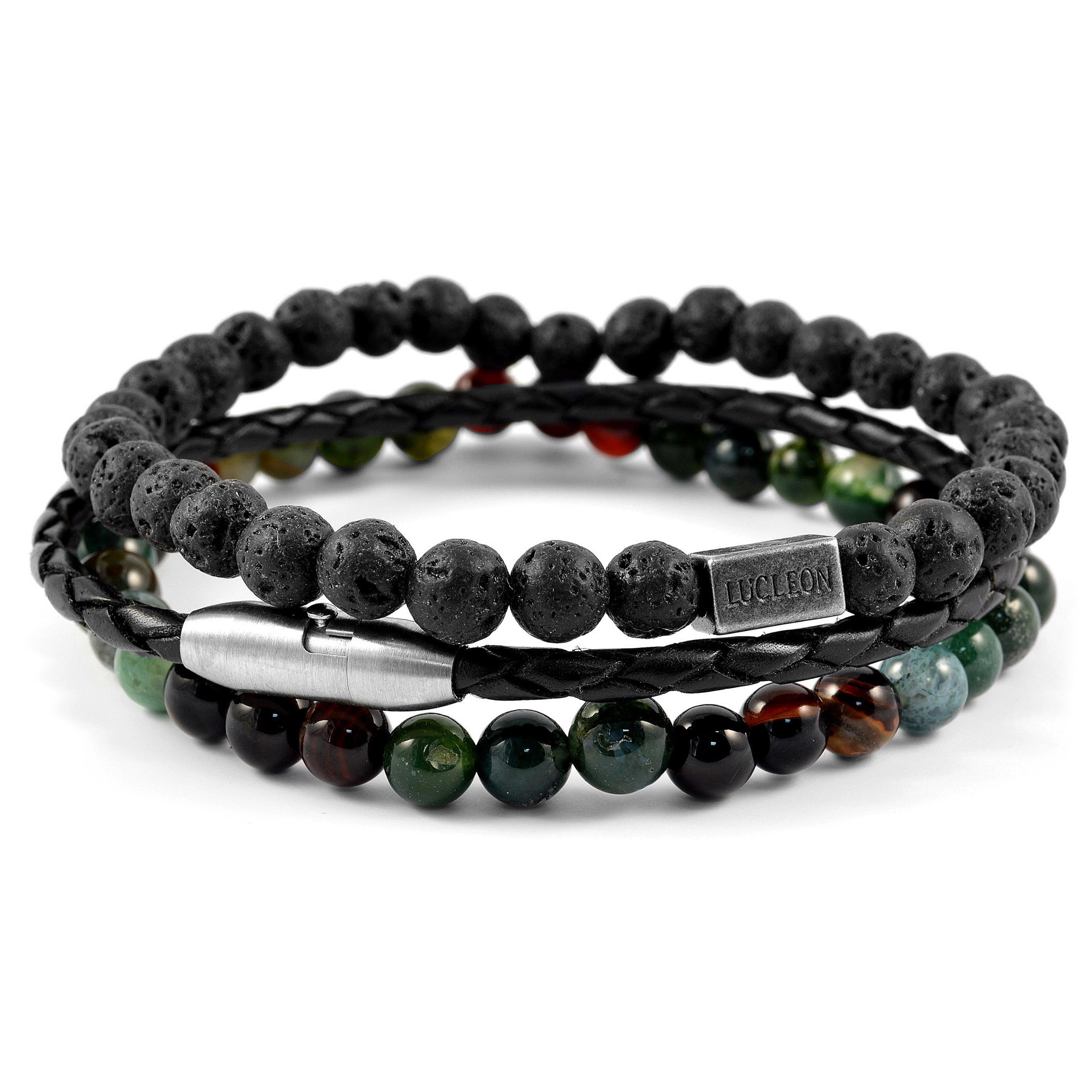 Green Natural Stone & Black Lava Rock & Leather Cord Bracelet Set