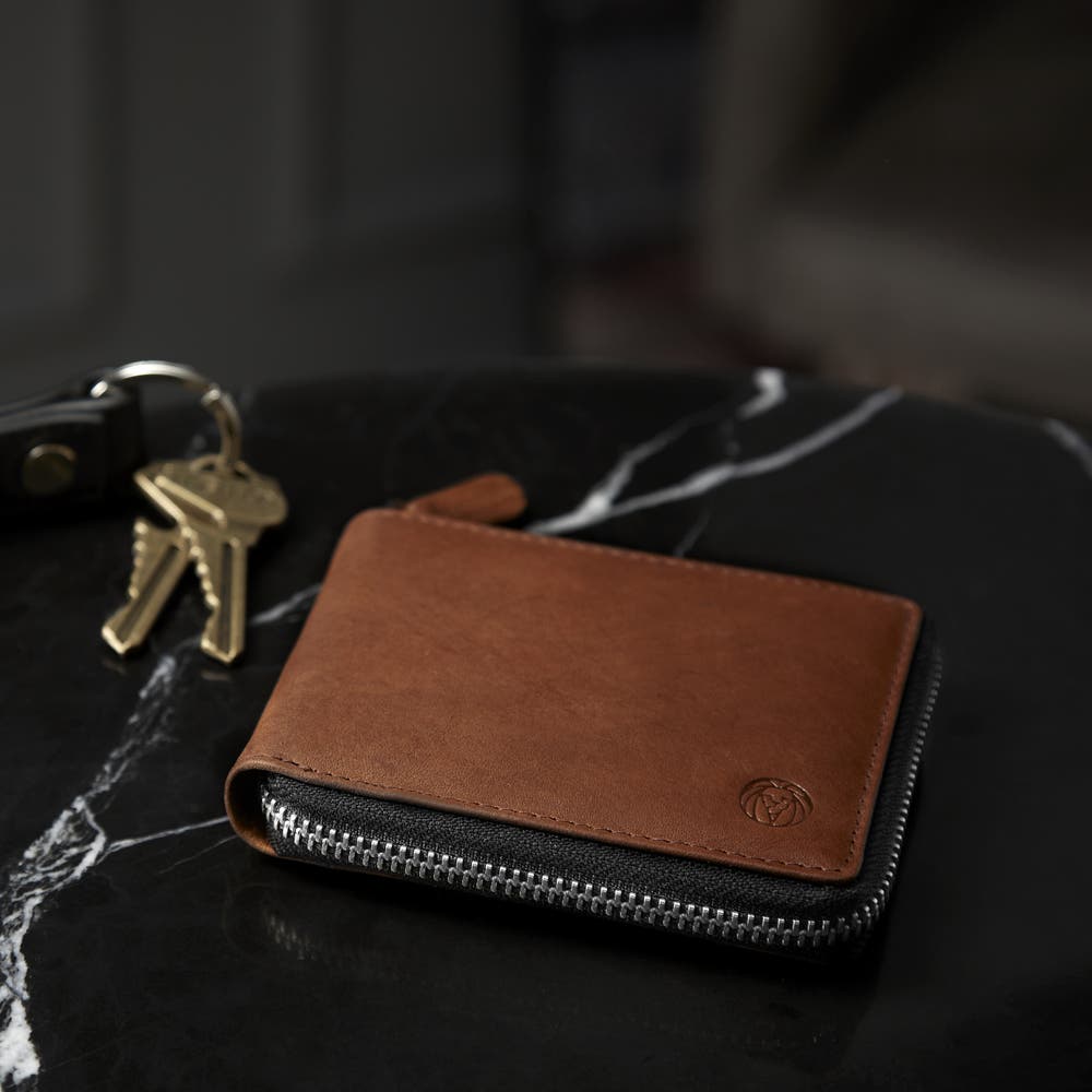 hover: Zip-Lined Tan RFID Leather Wallet hover: Zip-Lined Tan RFID Leather Wallet