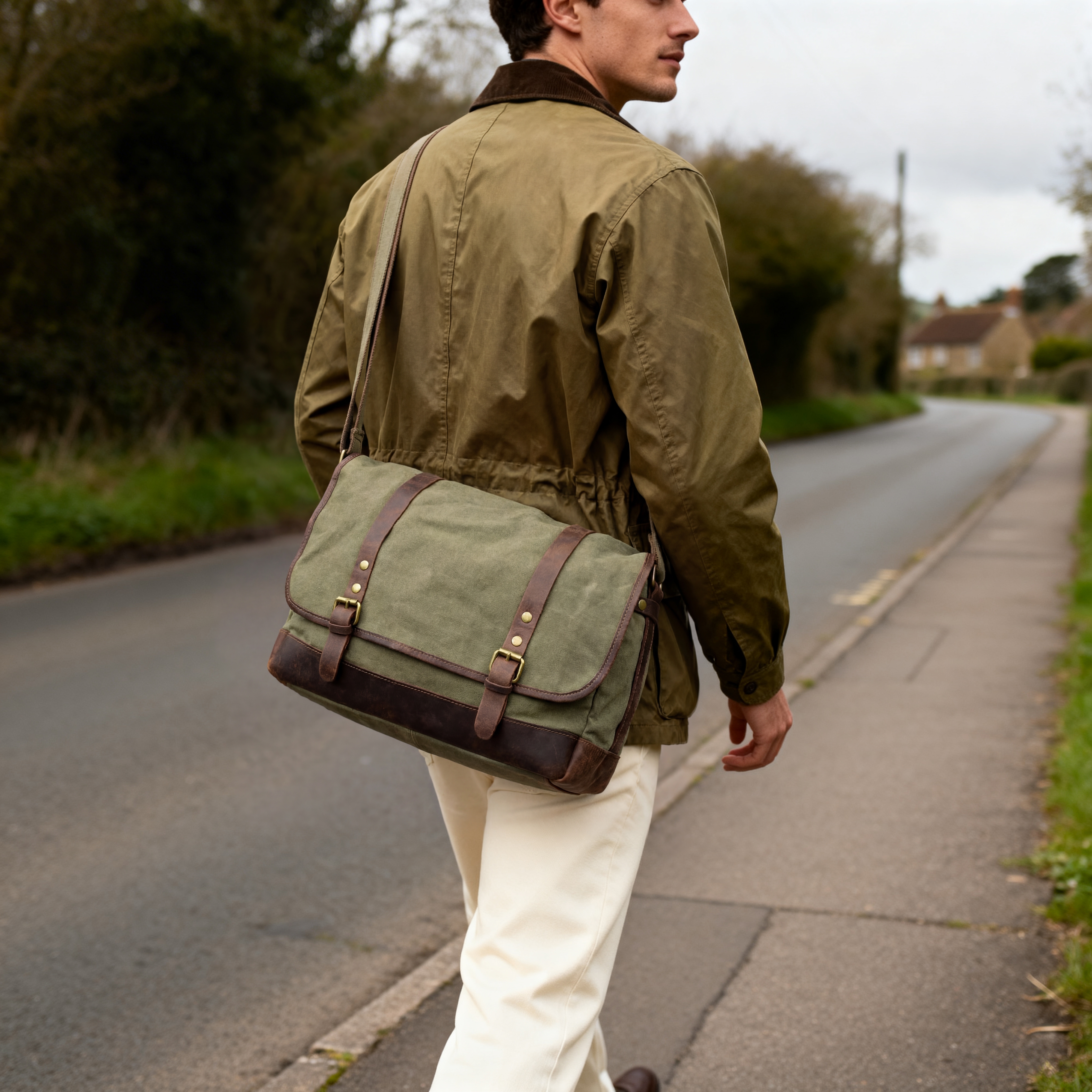 Vintage-Style Army Green Canvas & Leather Messenger Bag - 3
