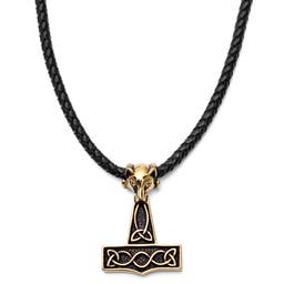 Black Leather With Gold-Tone Wolf & Thor's Hammer Necklace