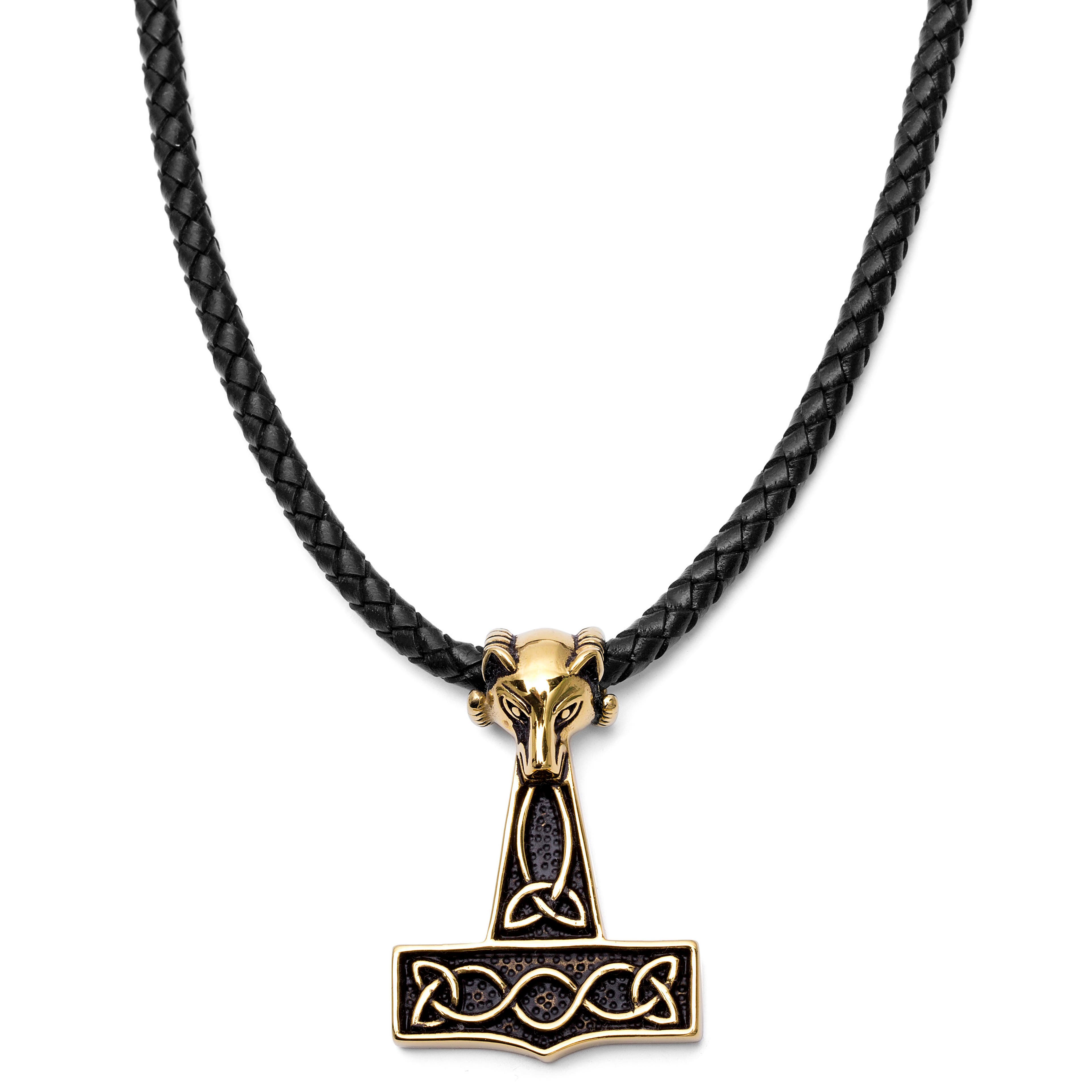 Black Leather With Gold-Tone Wolf & Thor's Hammer Necklace