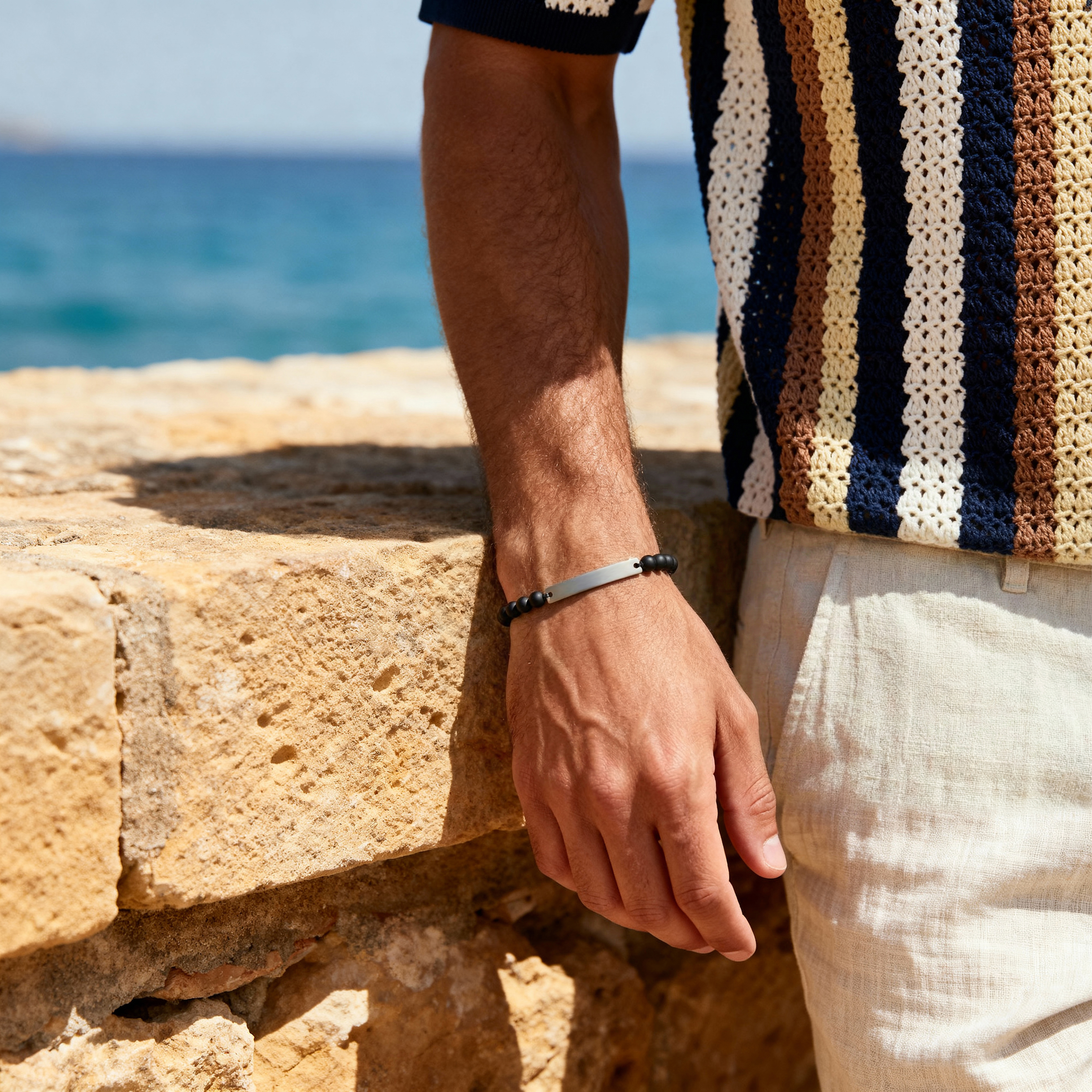  Adjustable-Length Onyx Bead Bracelet with Silver-Tone Stainless Steel Plate - 2